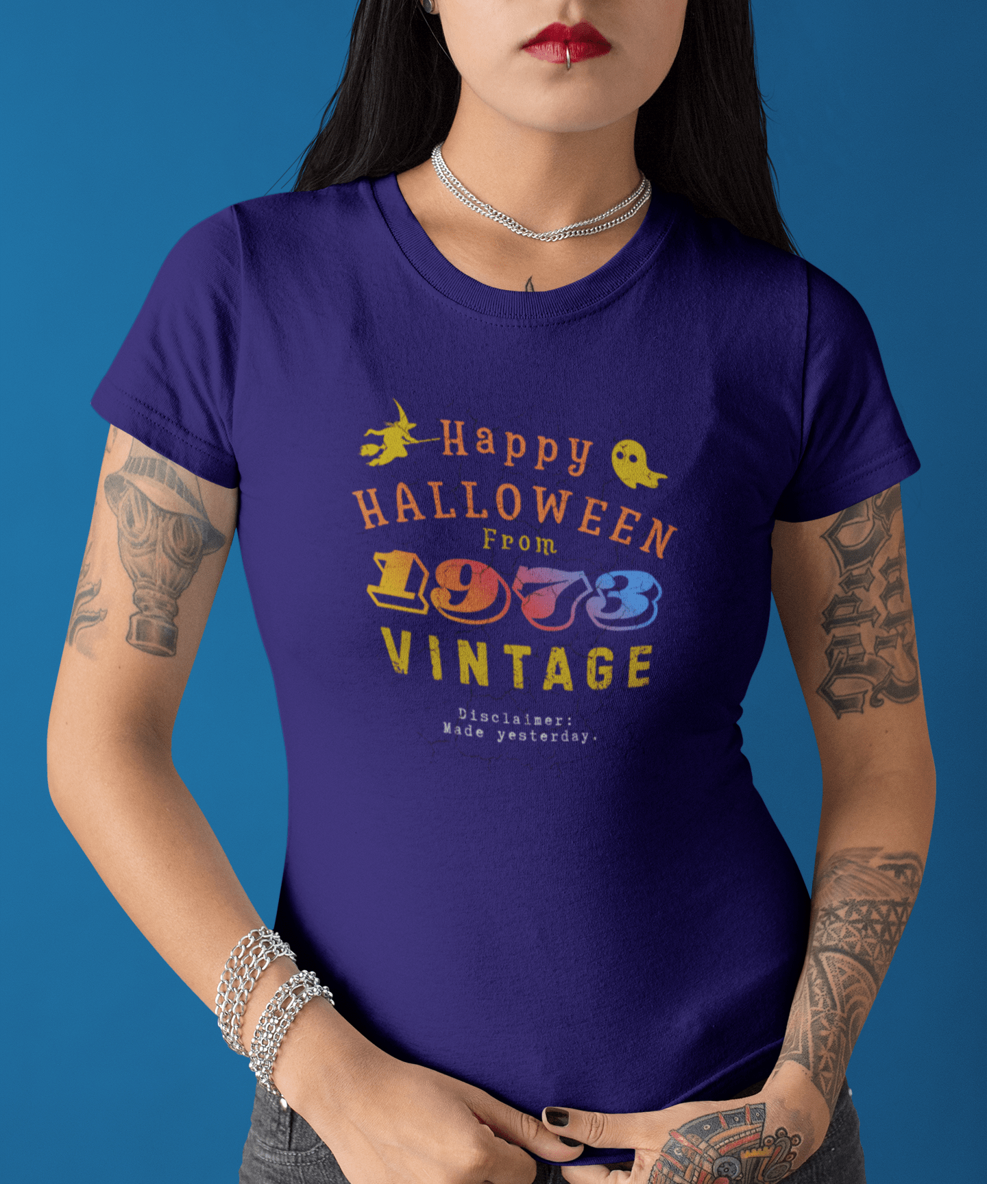 Happy Halloween From 1973 Vintage T-Shirt | Retro 70s Groovy Parody Graphic Tee, Funny Sarcastic Made Yesterday Disclaimer Spooky Shirt - Guilty Kick Apparel