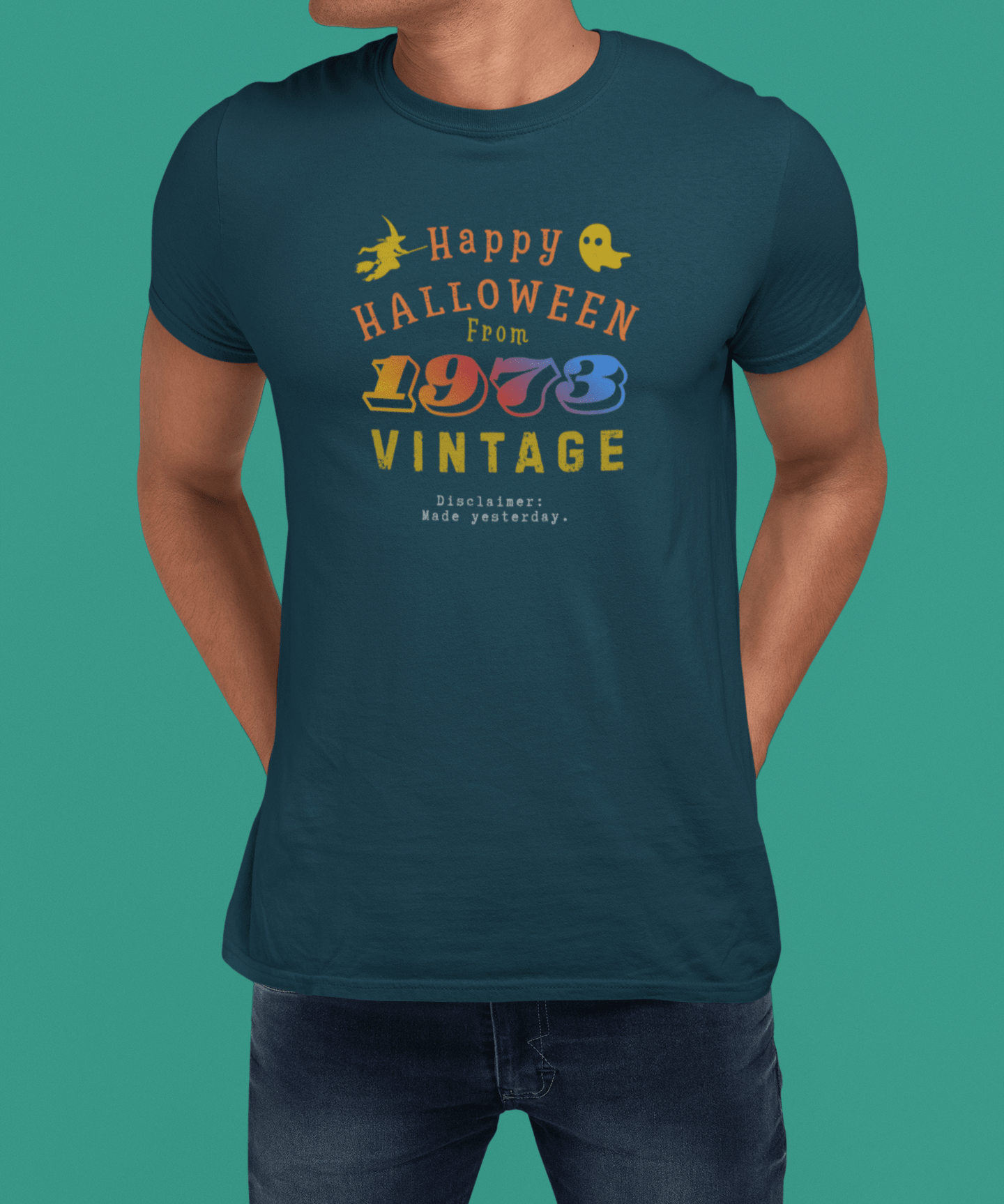 Happy Halloween From 1973 Vintage T-Shirt | Retro 70s Groovy Parody Graphic Tee, Funny Sarcastic Made Yesterday Disclaimer Spooky Shirt - Guilty Kick Apparel
