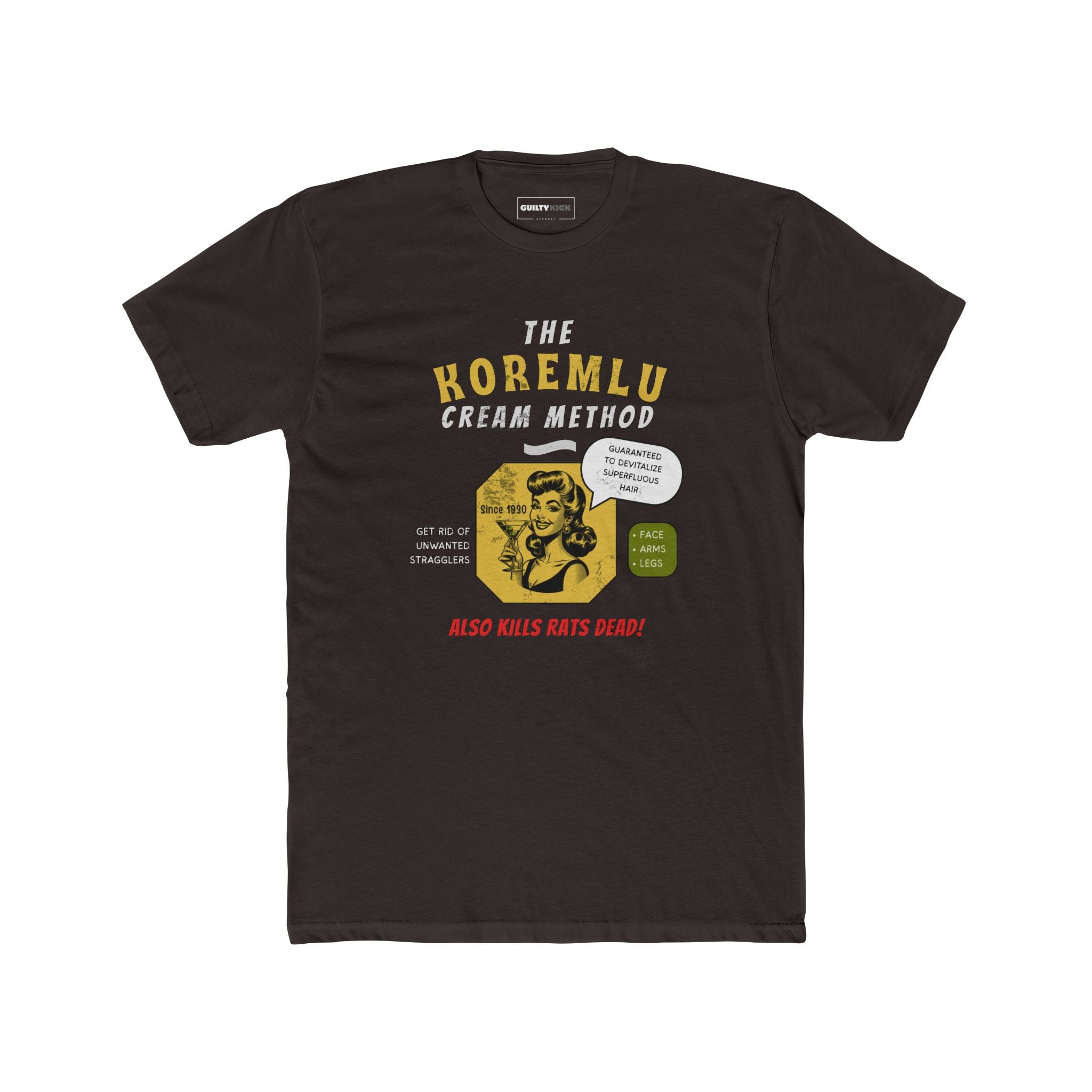 Koremlu Cream: A Vintage Parody T-Shirt of a 1930s Beauty Nightmare - Guilty Kick Apparel