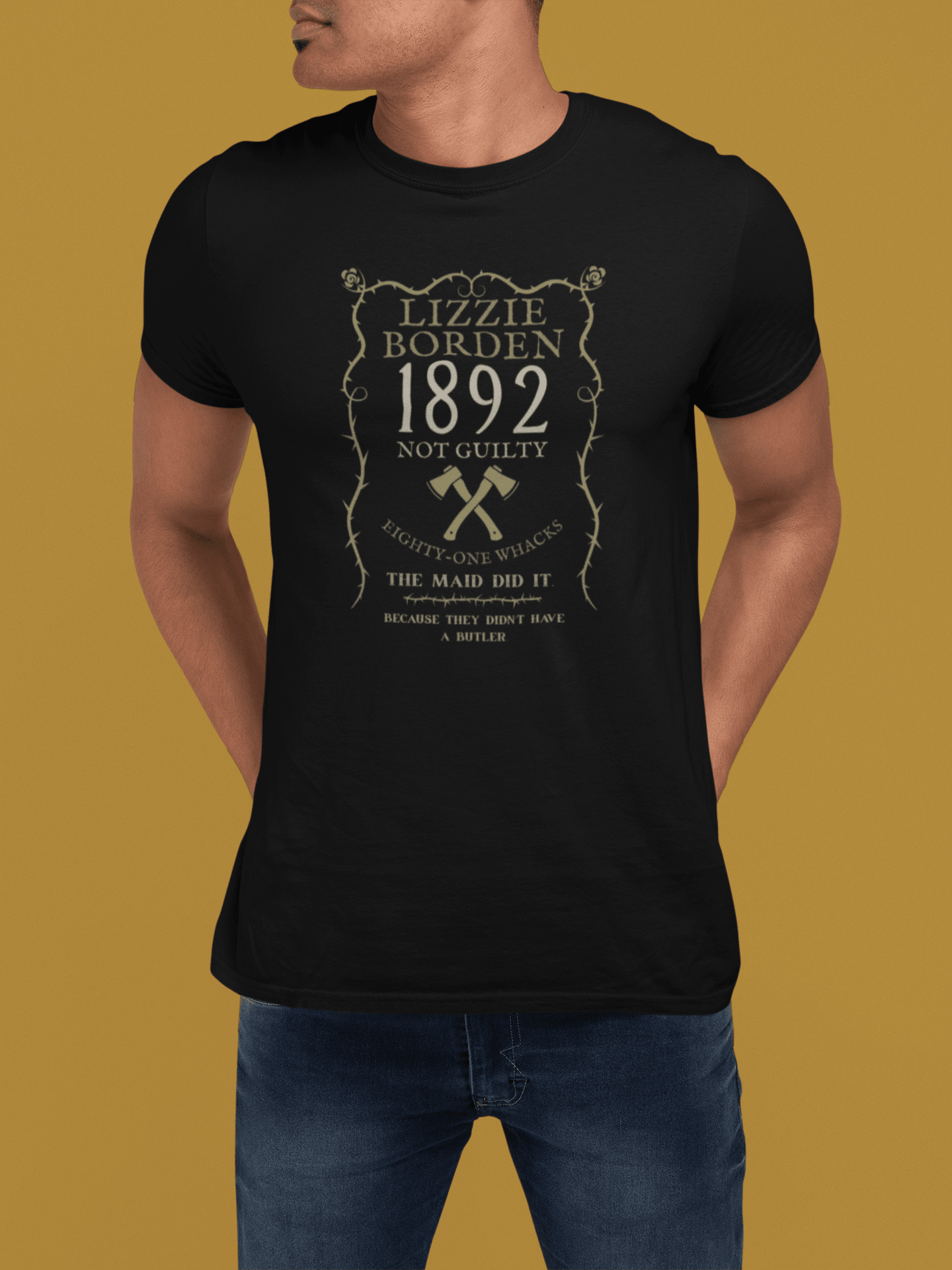 Lizzie Borden 1892 Not Guilty T-Shirt, Dark Humor True Crime Satire Graphic Tee, Eighty-One Whacks Halloween Shirt - Guilty Kick Apparel