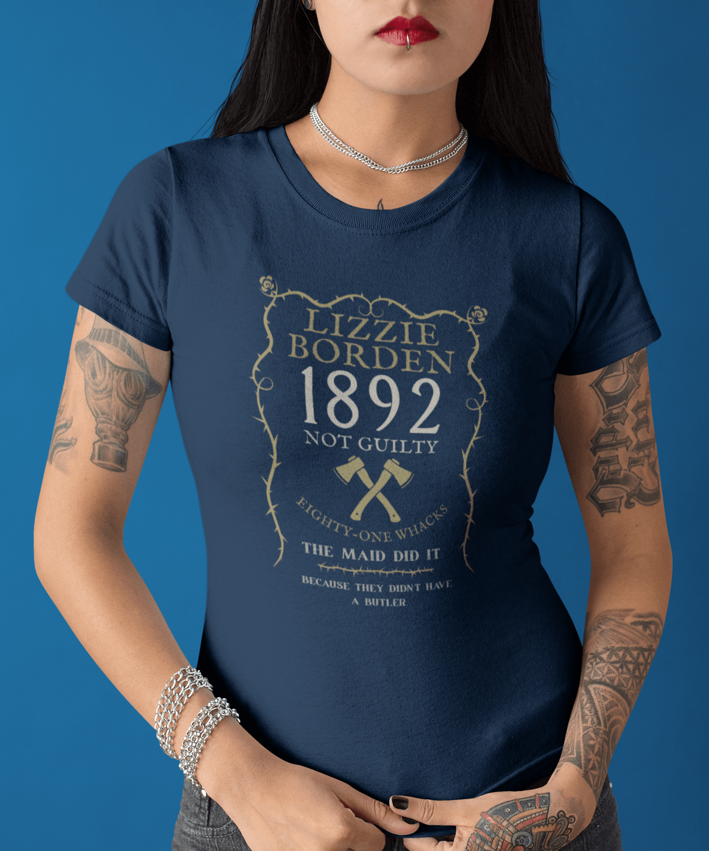 Lizzie Borden 1892 Not Guilty T-Shirt, Dark Humor True Crime Satire Graphic Tee, Eighty-One Whacks Halloween Shirt - Guilty Kick Apparel