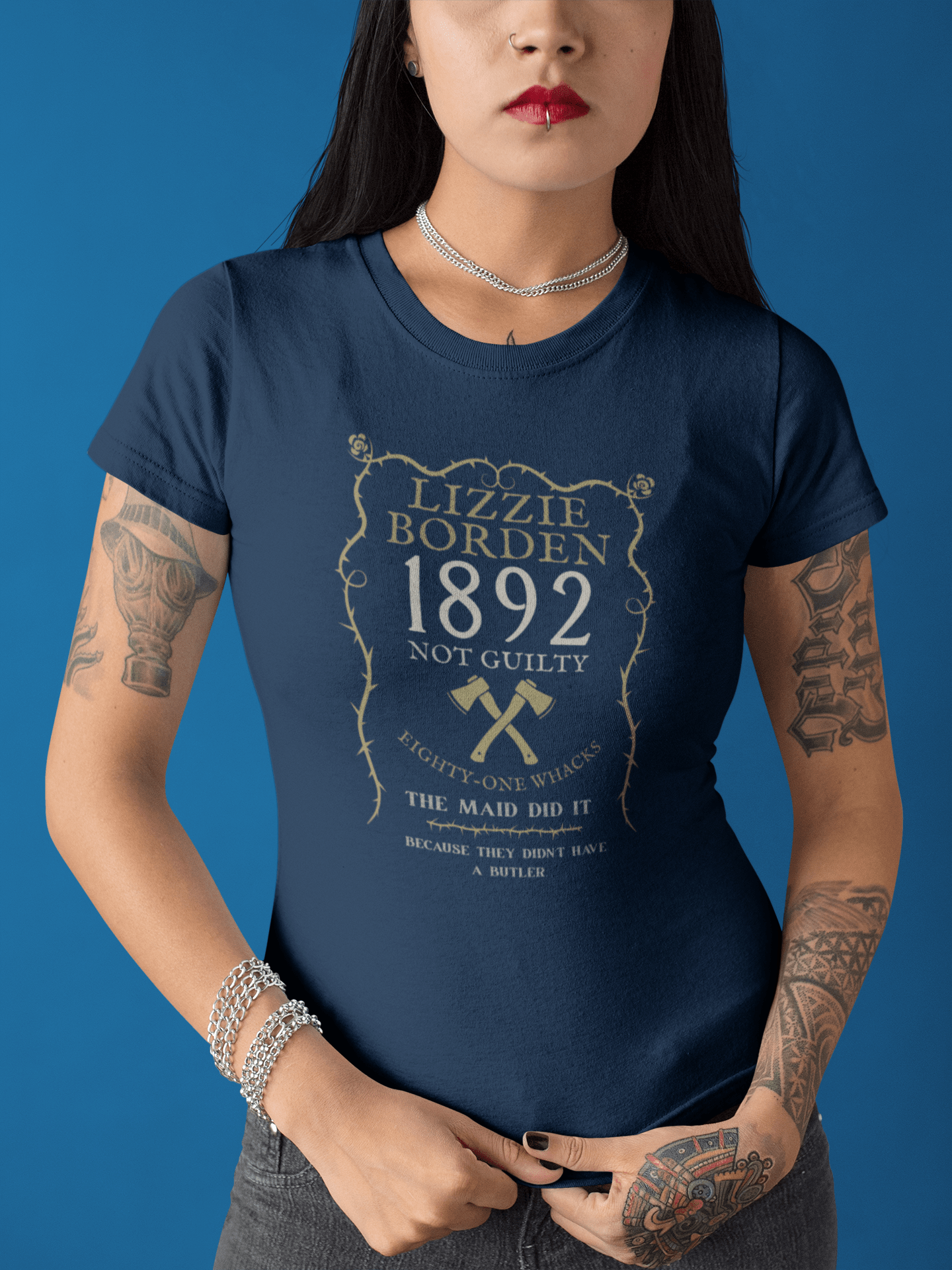 Lizzie Borden 1892 Not Guilty T-Shirt, Dark Humor True Crime Satire Graphic Tee, Eighty-One Whacks Halloween Shirt - Guilty Kick Apparel