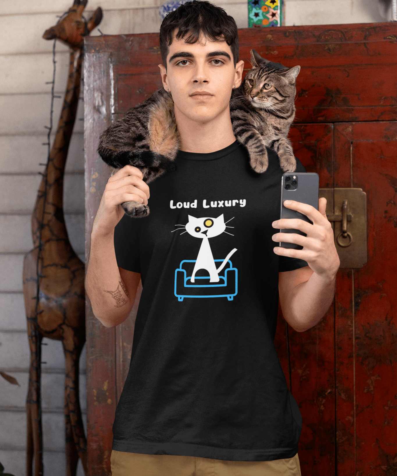 Loud Luxury Minimalist Cat T-Shirt, Mid - Century Modern Geometric Graphic Tee - Guilty Kick Apparel