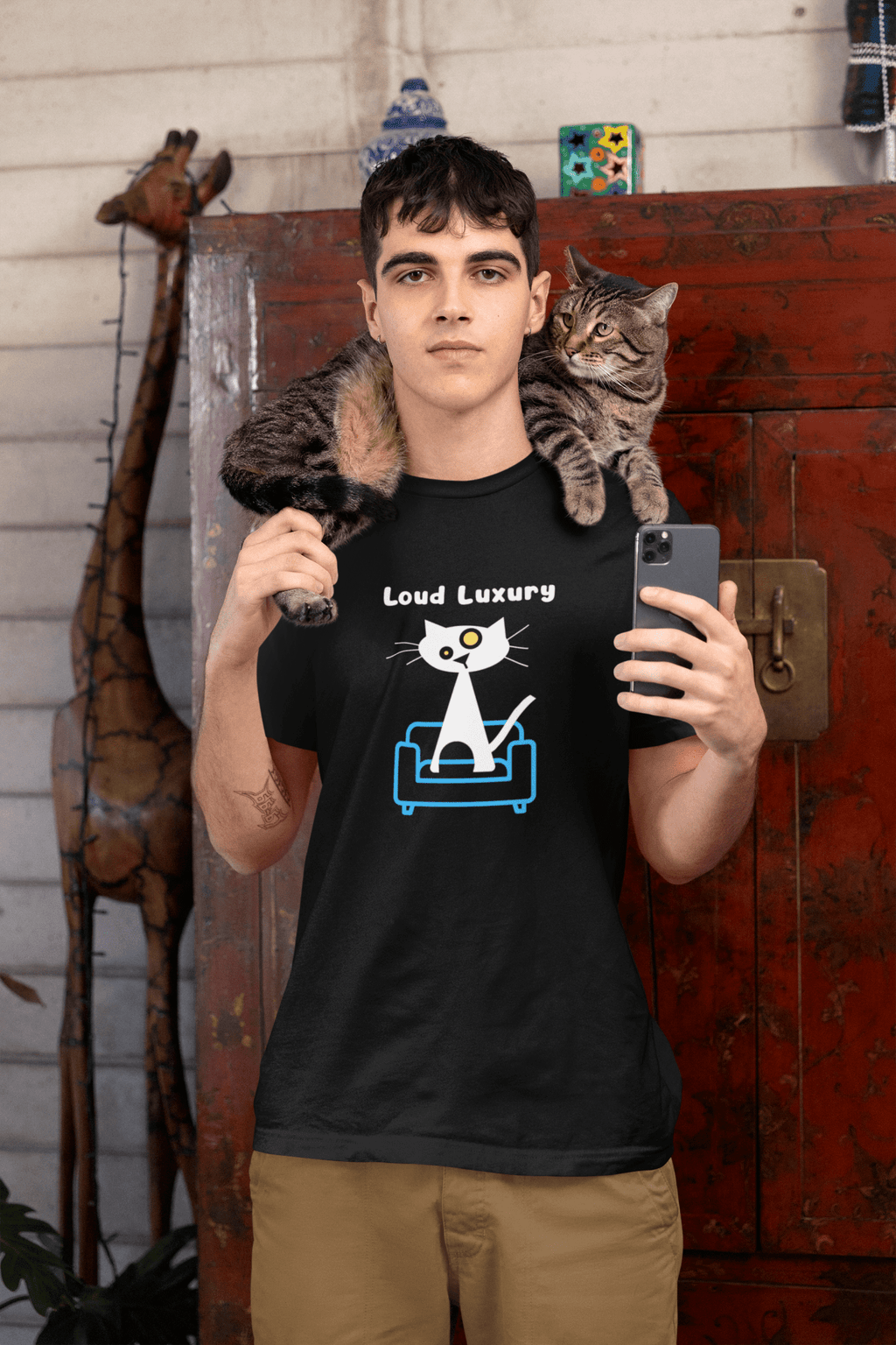 Loud Luxury Minimalist Cat T-Shirt, Mid - Century Modern Geometric Graphic Tee - Guilty Kick Apparel