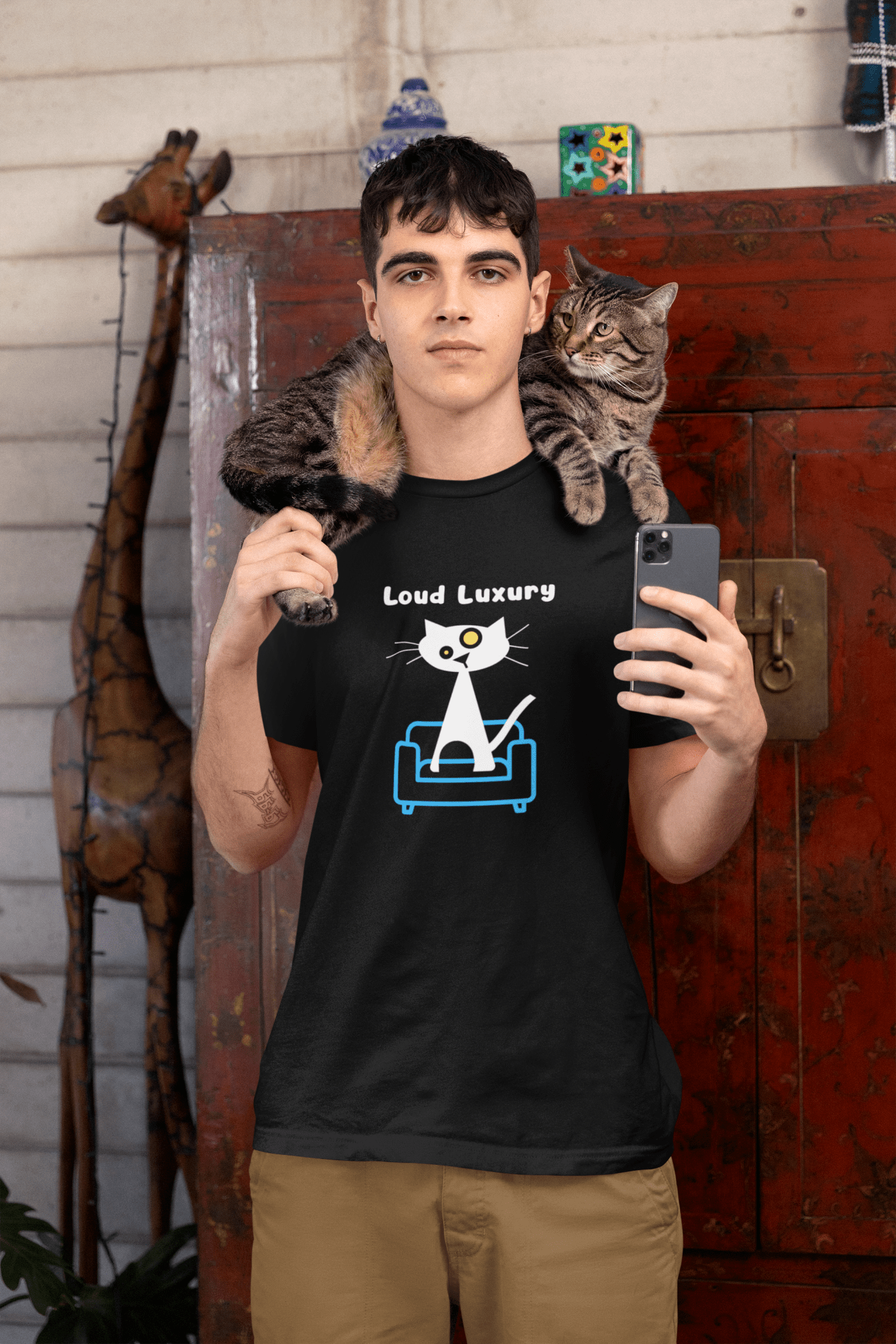 Loud Luxury Minimalist Cat T-Shirt, Mid - Century Modern Geometric Graphic Tee - Guilty Kick Apparel