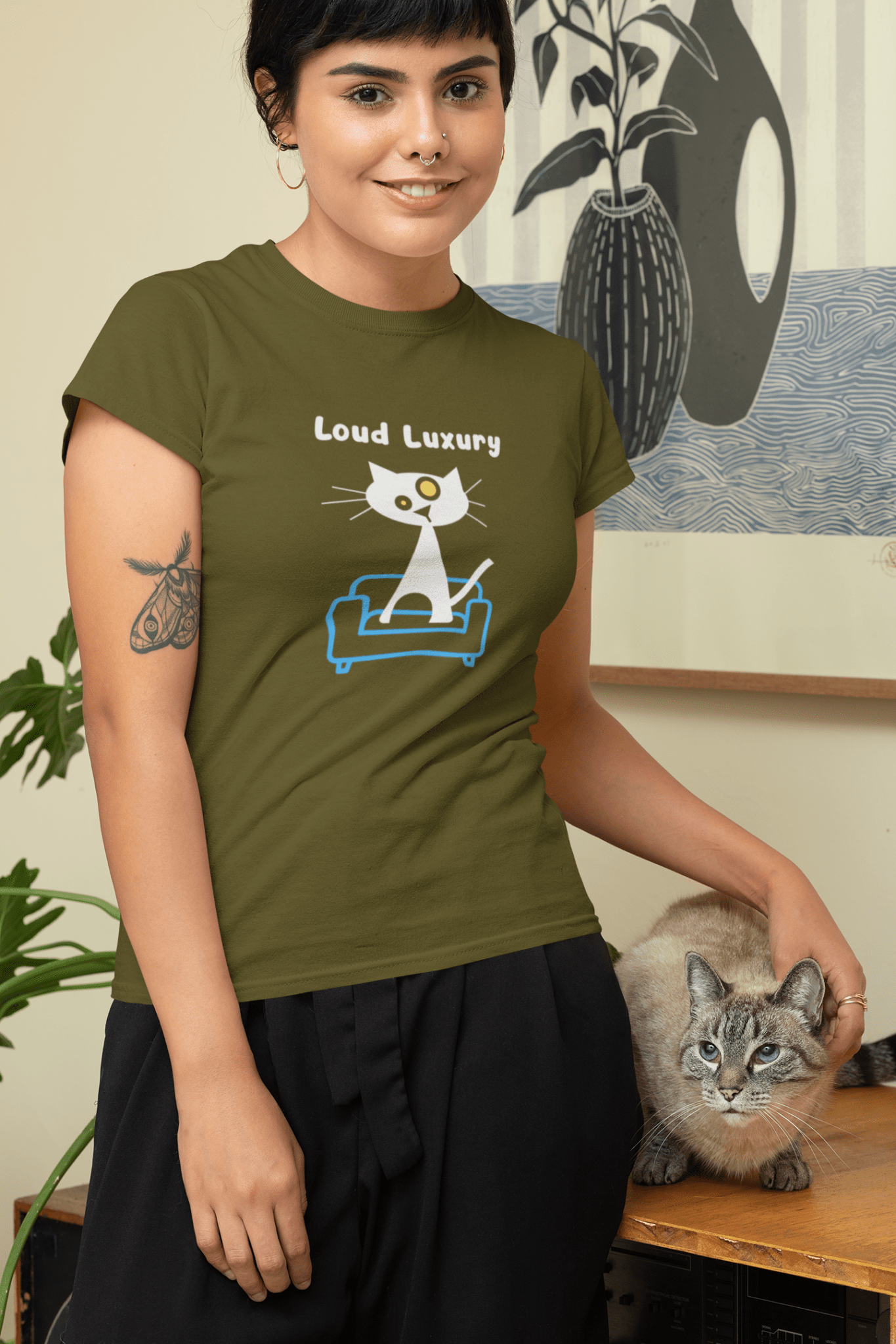 Loud Luxury Minimalist Cat T-Shirt, Mid - Century Modern Geometric Graphic Tee - Guilty Kick Apparel