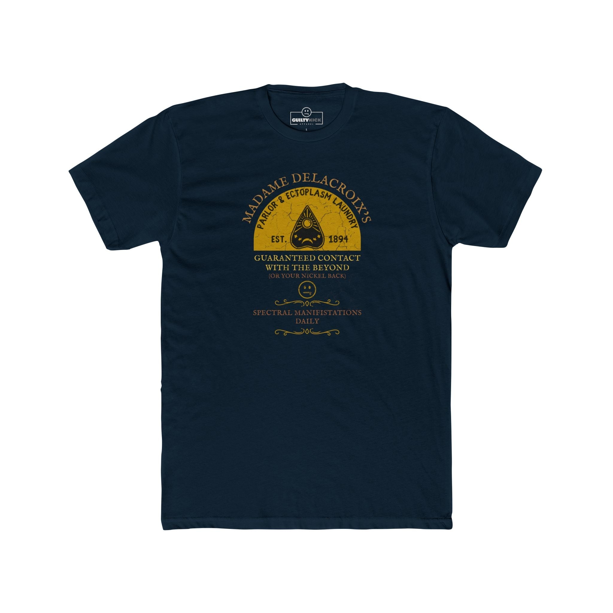 Madame Delacroix's Parlor & Ectoplasm Laundry T-Shirt Vintage Victorian Seance Parody Graphic Tee, Funny Spiritualist Ouija Halloween - Guilty Kick Apparel