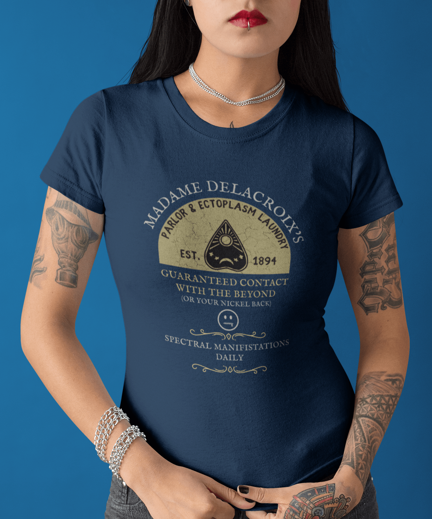 Madame Delacroix's Parlor & Ectoplasm Laundry T-Shirt Vintage Victorian Seance Parody Graphic Tee, Funny Spiritualist Ouija Halloween - Guilty Kick Apparel