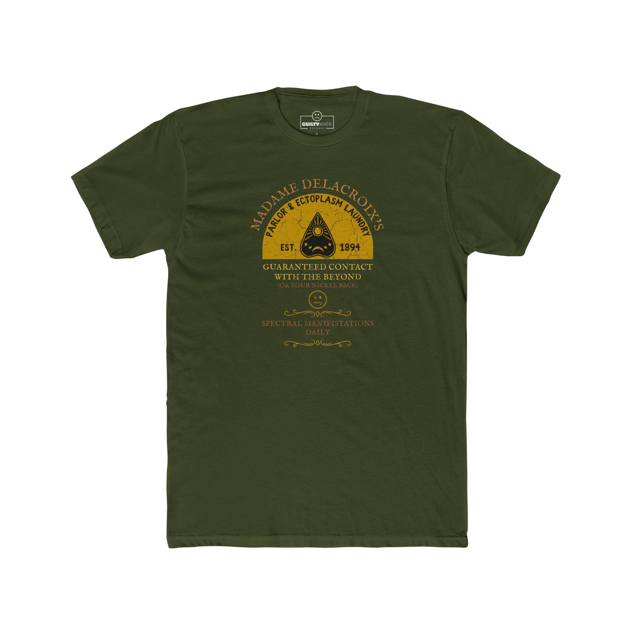 Madame Delacroix's Parlor & Ectoplasm Laundry T-Shirt Vintage Victorian Seance Parody Graphic Tee, Funny Spiritualist Ouija Halloween - Guilty Kick Apparel