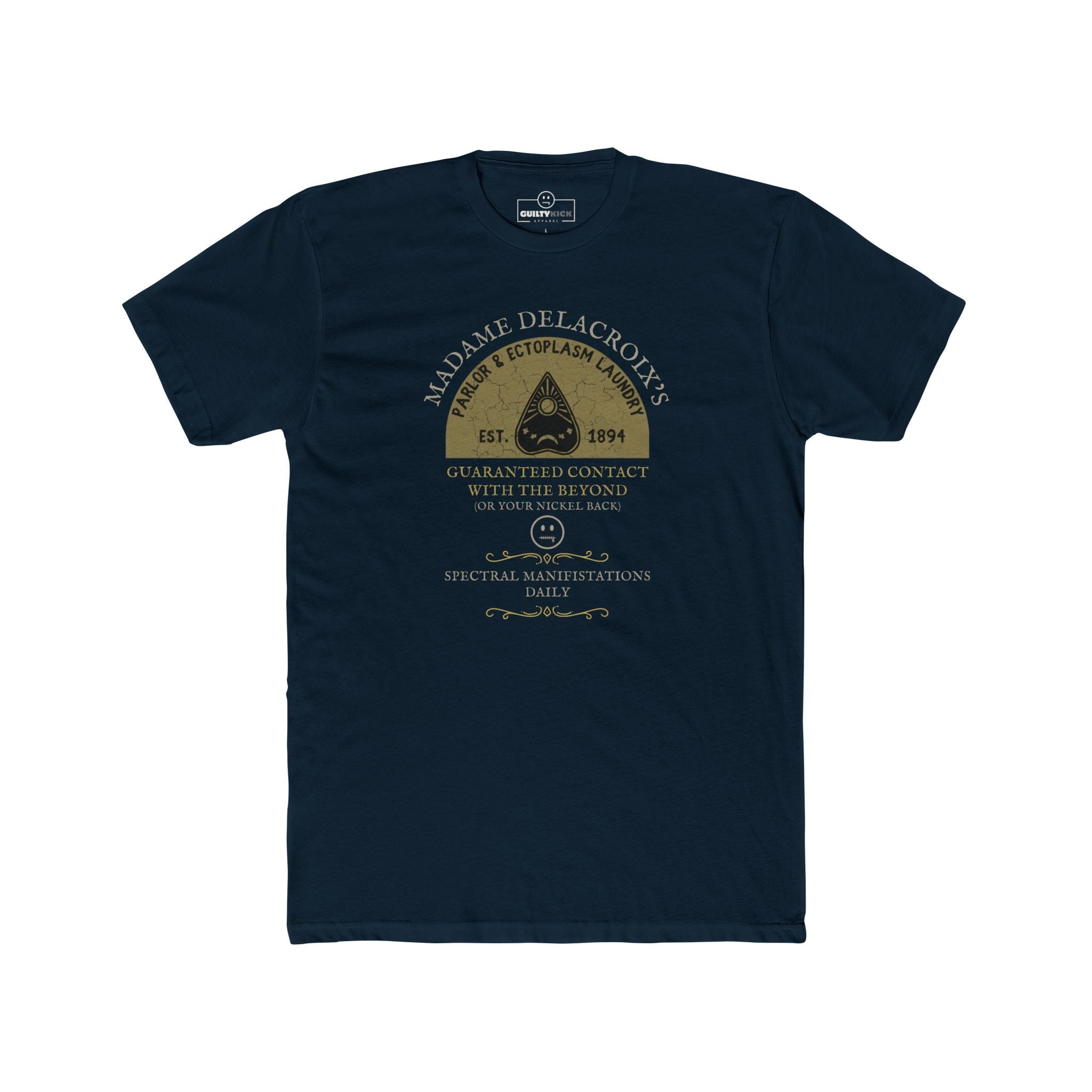 Madame Delacroix's Parlor & Ectoplasm Laundry T-Shirt Vintage Victorian Seance Parody Graphic Tee, Funny Spiritualist Ouija Halloween - Guilty Kick Apparel