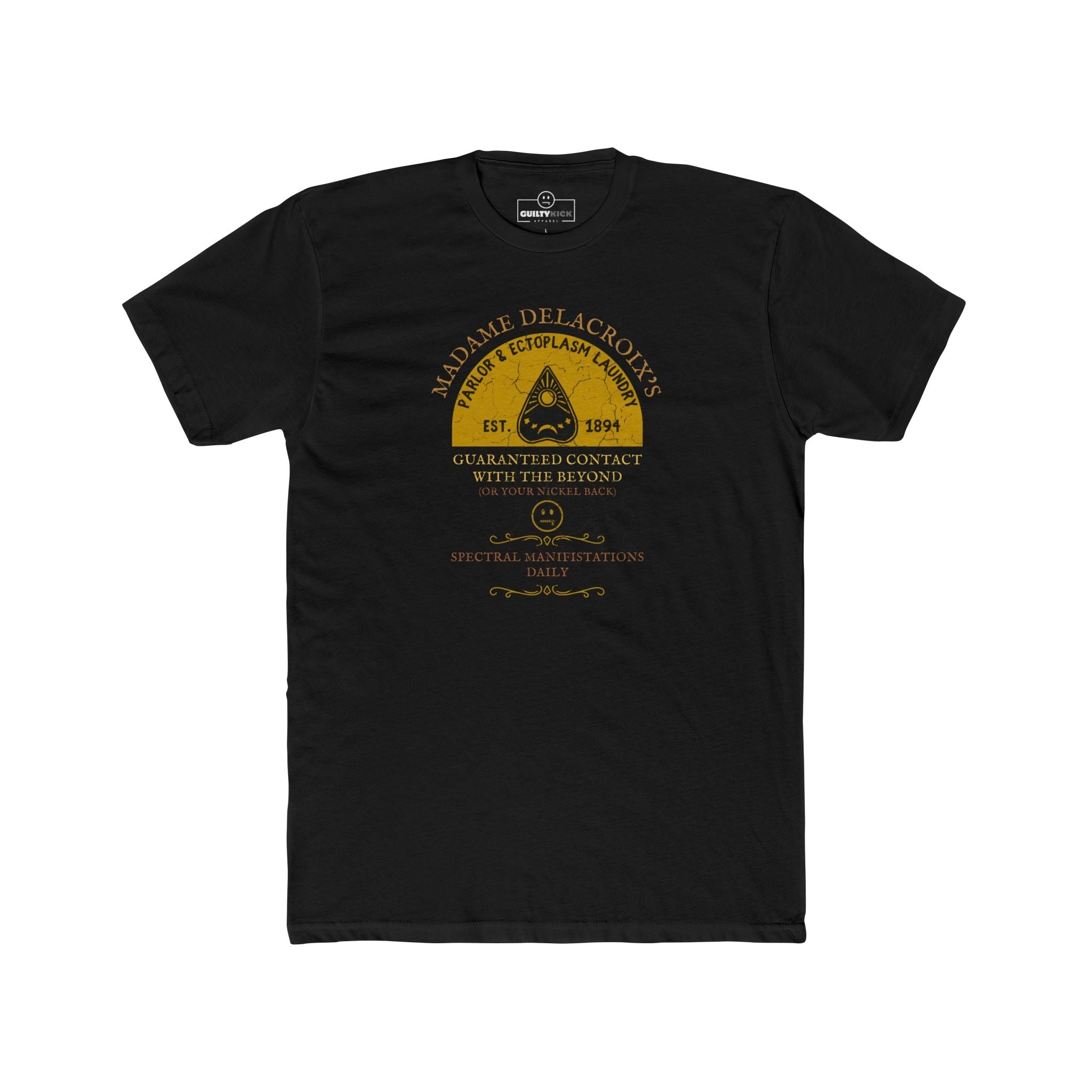 Madame Delacroix's Parlor & Ectoplasm Laundry T-Shirt Vintage Victorian Seance Parody Graphic Tee, Funny Spiritualist Ouija Halloween - Guilty Kick Apparel