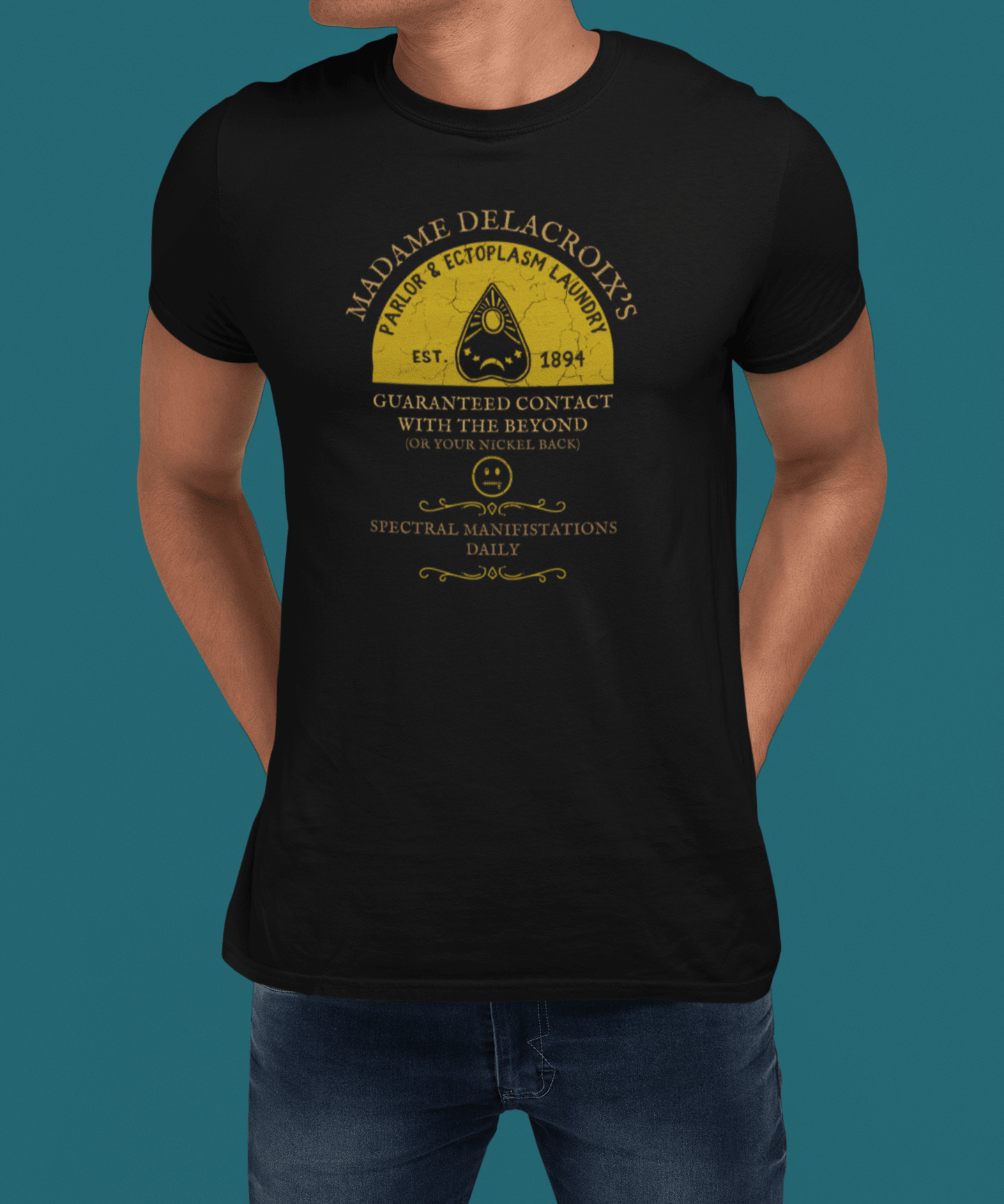 Madame Delacroix's Parlor & Ectoplasm Laundry T-Shirt Vintage Victorian Seance Parody Graphic Tee, Funny Spiritualist Ouija Halloween - Guilty Kick Apparel
