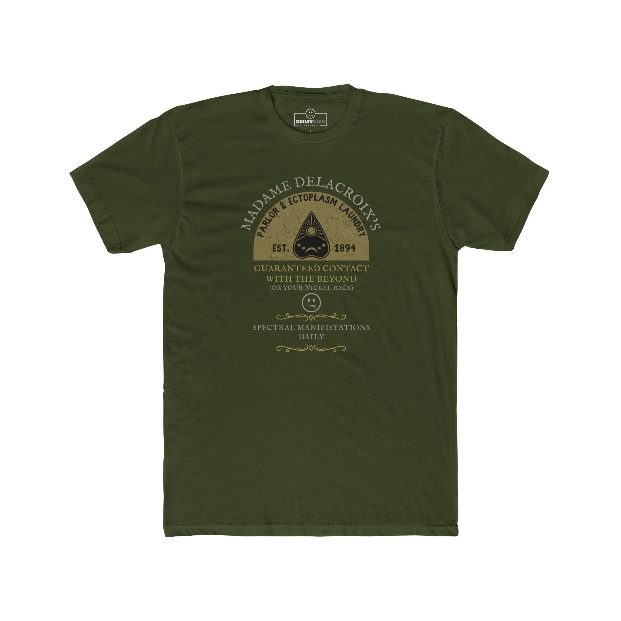 Madame Delacroix's Parlor & Ectoplasm Laundry T-Shirt Vintage Victorian Seance Parody Graphic Tee, Funny Spiritualist Ouija Halloween - Guilty Kick Apparel