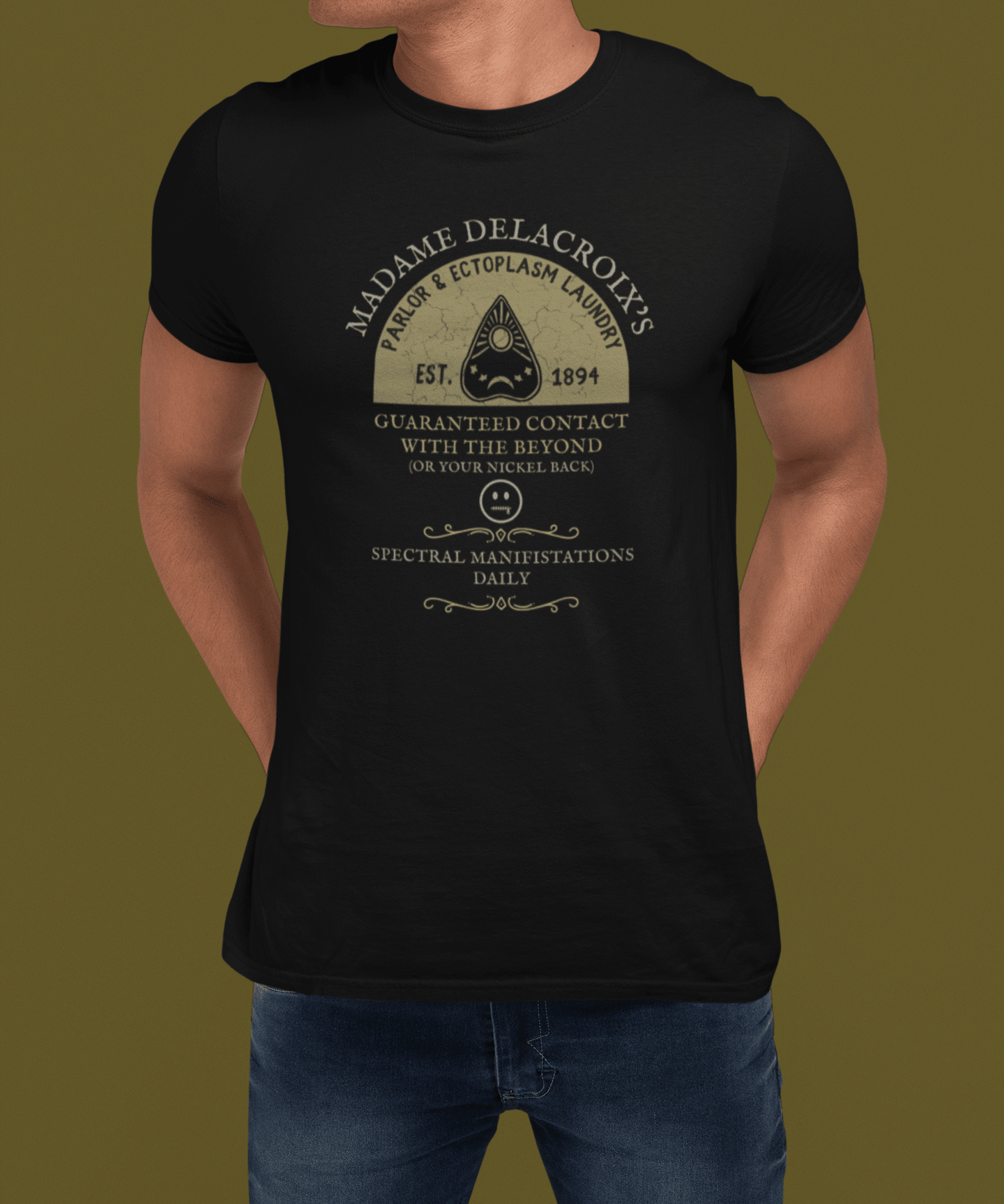 Madame Delacroix's Parlor & Ectoplasm Laundry T-Shirt Vintage Victorian Seance Parody Graphic Tee, Funny Spiritualist Ouija Halloween - Guilty Kick Apparel