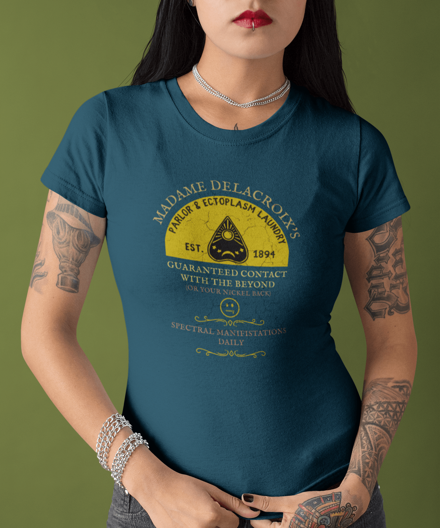 Madame Delacroix's Parlor & Ectoplasm Laundry T-Shirt Vintage Victorian Seance Parody Graphic Tee, Funny Spiritualist Ouija Halloween - Guilty Kick Apparel