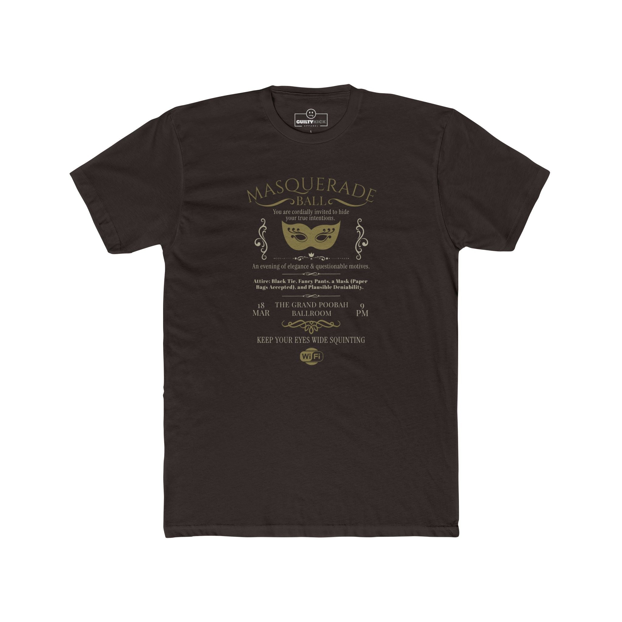 Masquerade Ball Satirical Halloween Graphic Tee, Eyes Wide Squinting Vintage Parody Shirt - Guilty Kick Apparel