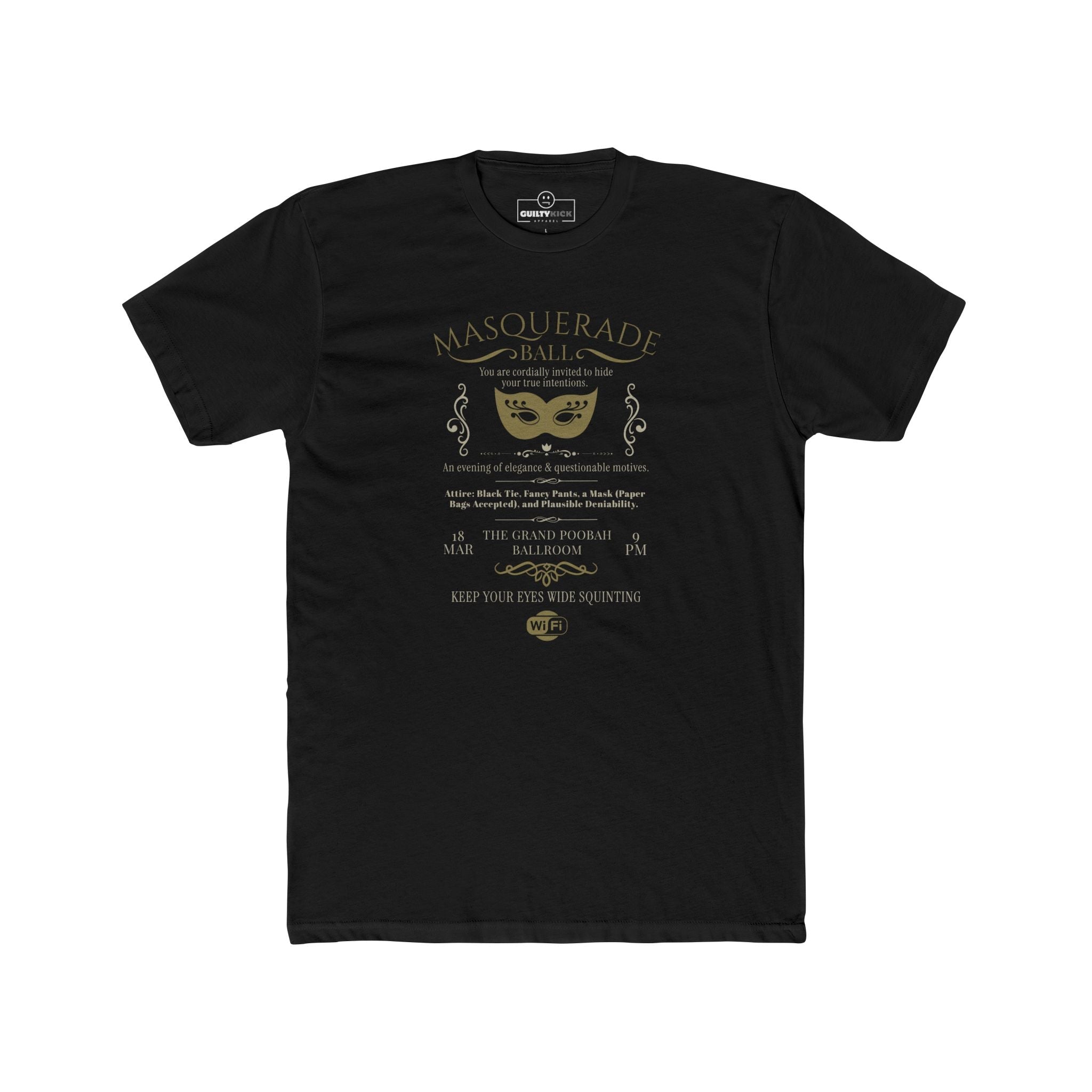 Masquerade Ball Satirical Halloween Graphic Tee, Eyes Wide Squinting Vintage Parody Shirt - Guilty Kick Apparel