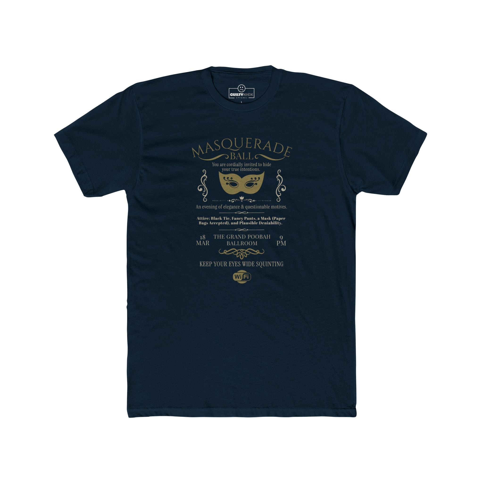 Masquerade Ball Satirical Halloween Graphic Tee, Eyes Wide Squinting Vintage Parody Shirt - Guilty Kick Apparel
