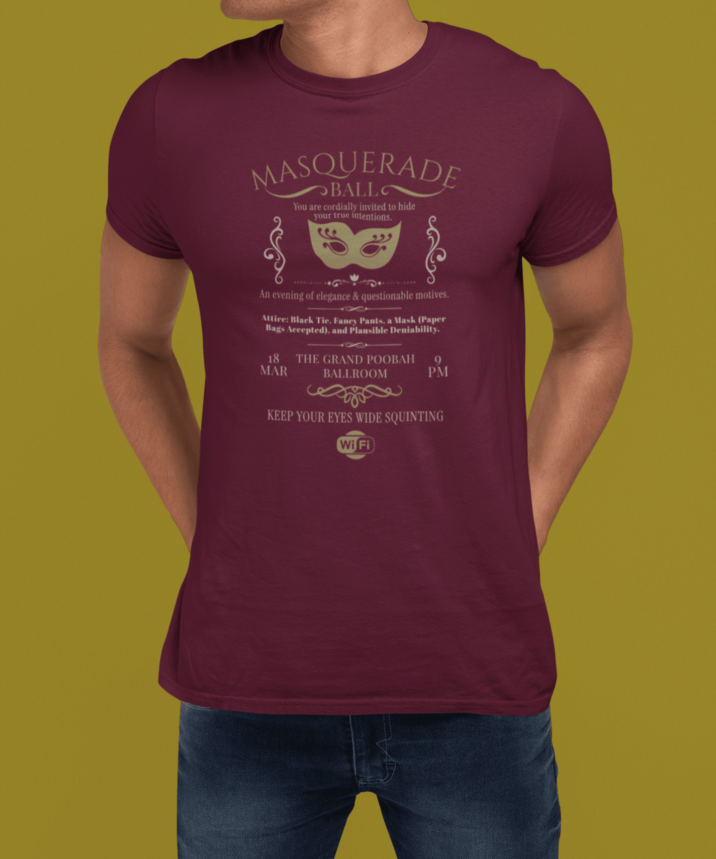 Masquerade Ball Satirical Halloween Graphic Tee, Eyes Wide Squinting Vintage Parody Shirt - Guilty Kick Apparel