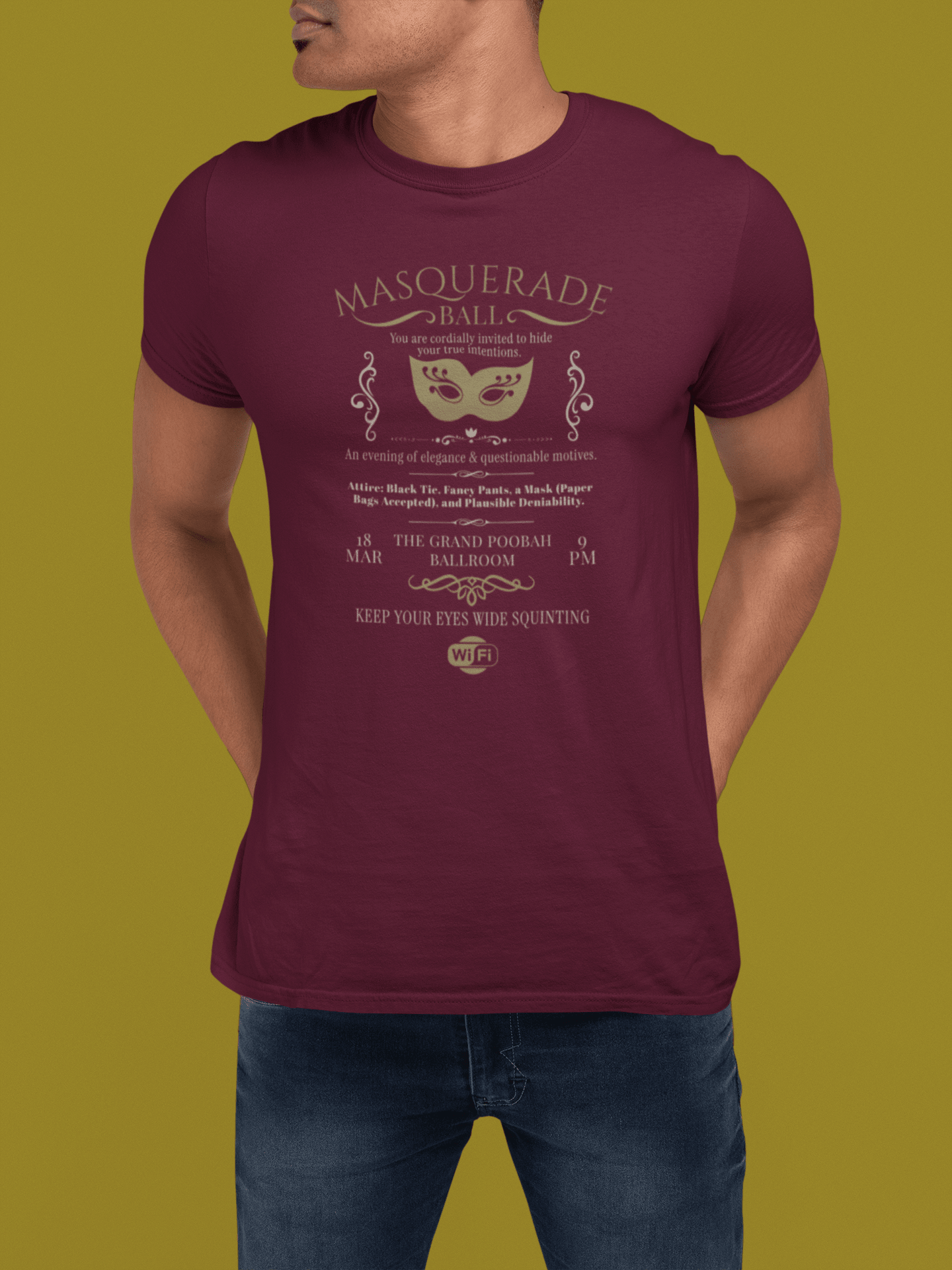 Masquerade Ball Satirical Halloween Graphic Tee, Eyes Wide Squinting Vintage Parody Shirt - Guilty Kick Apparel