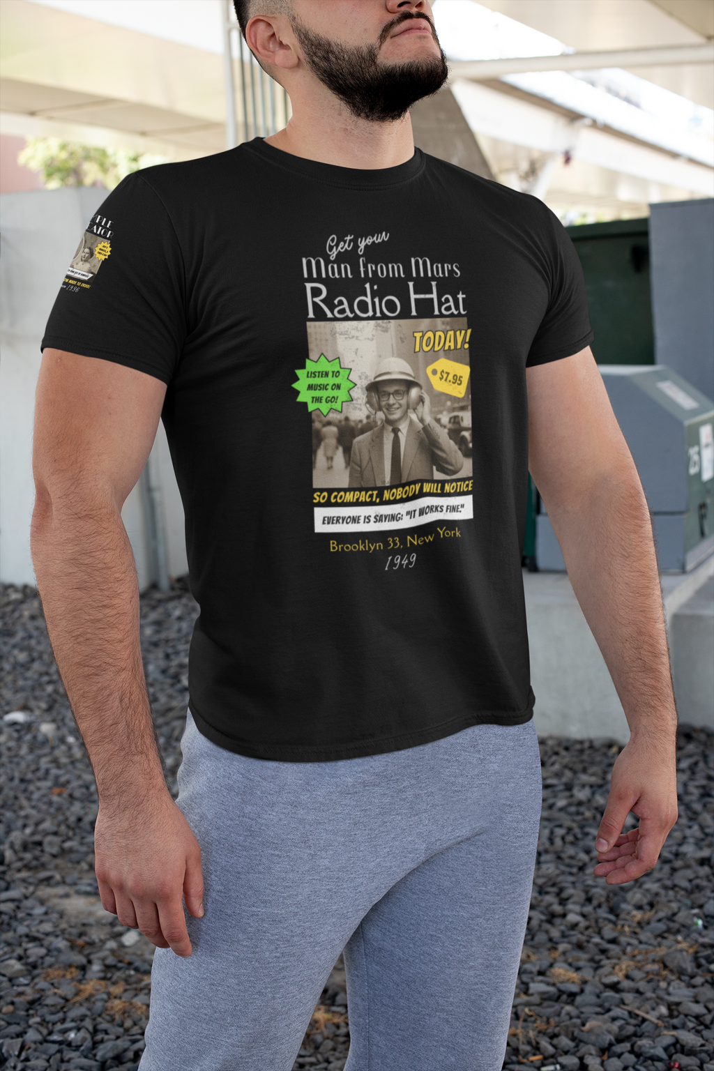 Vintage Radio Hat Man Graphic Tee, 1949 iPod Parody Shirt