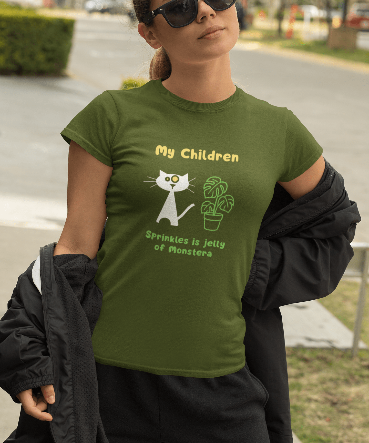 My Children: Sprinkles is Jelly Minimalist Cat & Monstera Plant Parent T-Shirt - Guilty Kick Apparel