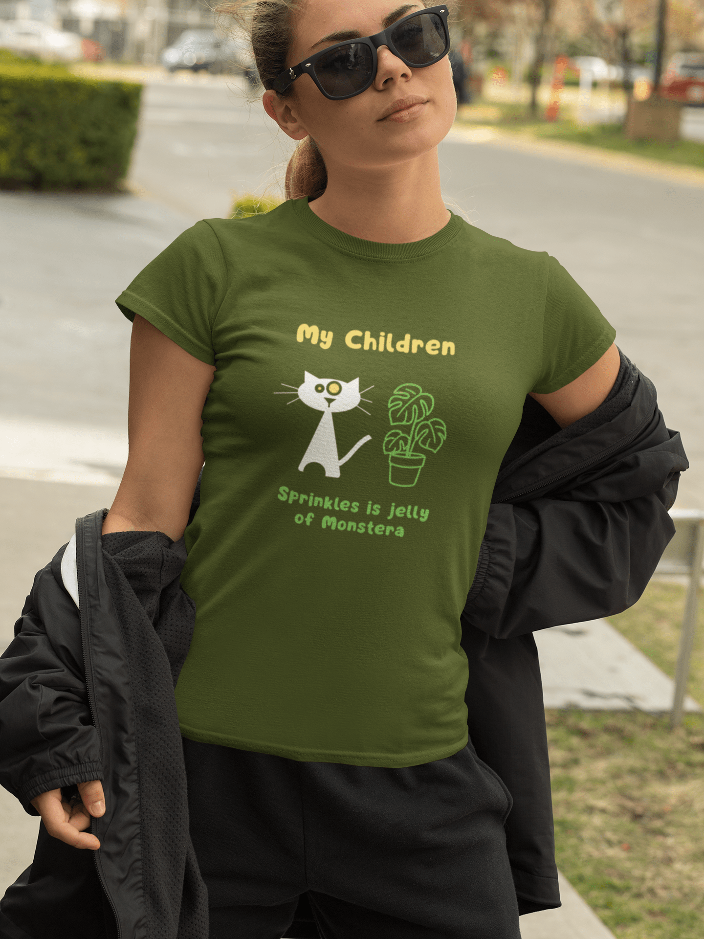 My Children: Sprinkles is Jelly Minimalist Cat & Monstera Plant Parent T-Shirt - Guilty Kick Apparel