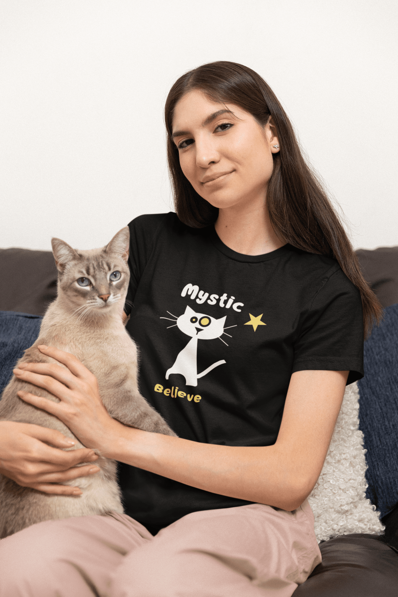 Mystic Believe Minimalist Cat T-Shirt, Modern Retro Geometric Graphic Tee - Guilty Kick Apparel