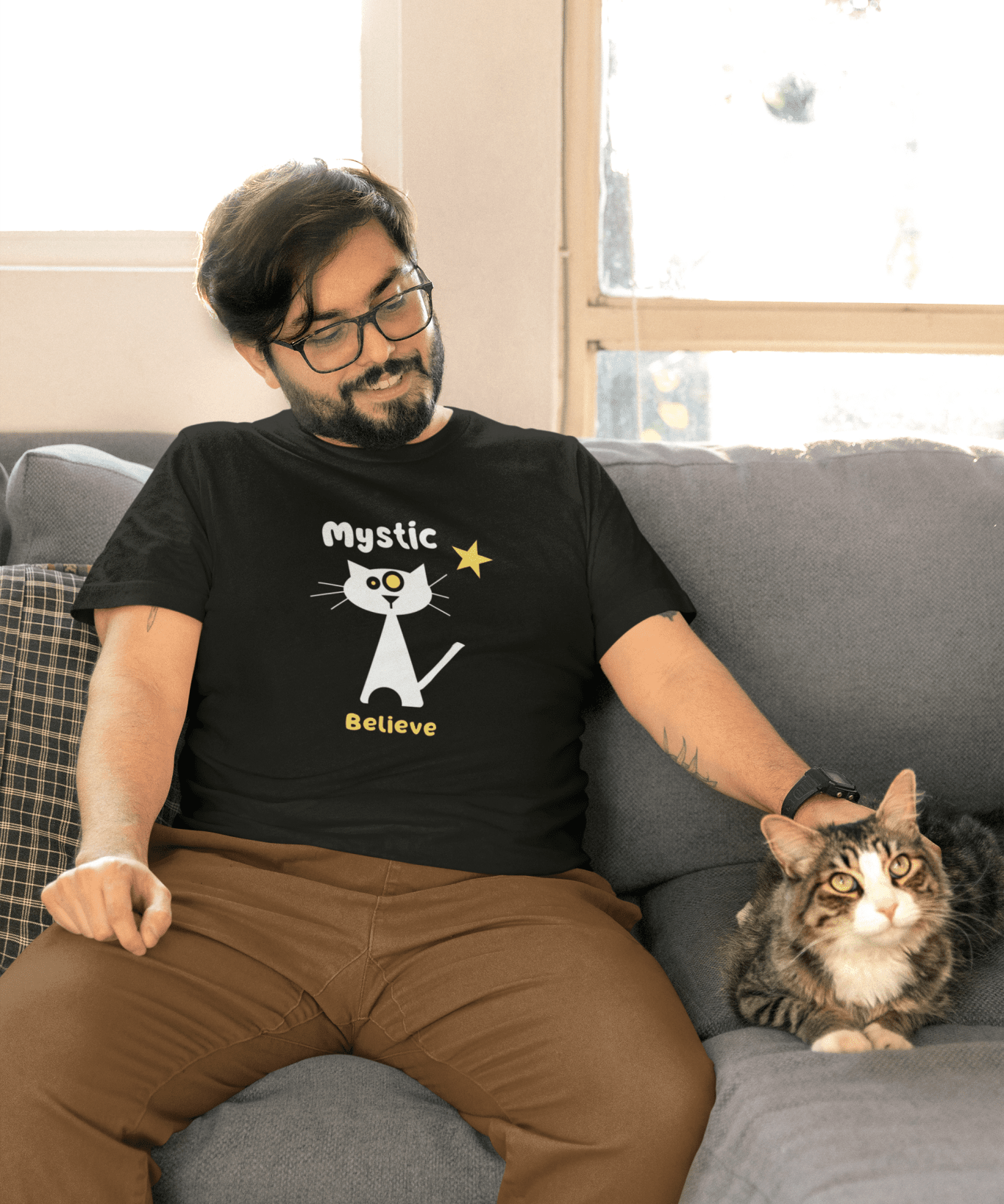 Mystic Believe Minimalist Cat T-Shirt, Modern Retro Geometric Graphic Tee - Guilty Kick Apparel