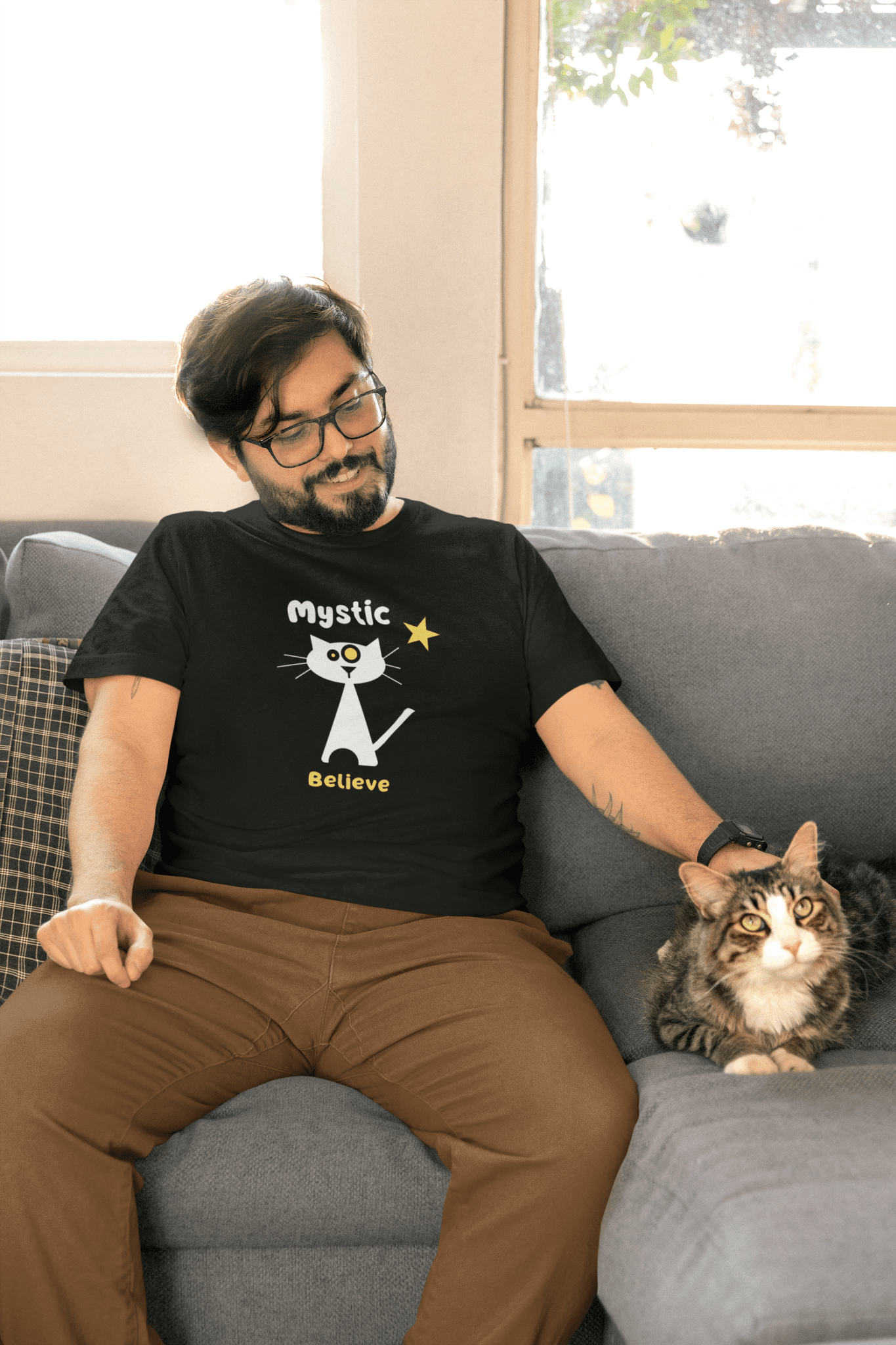Mystic Believe Minimalist Cat T-Shirt, Modern Retro Geometric Graphic Tee - Guilty Kick Apparel
