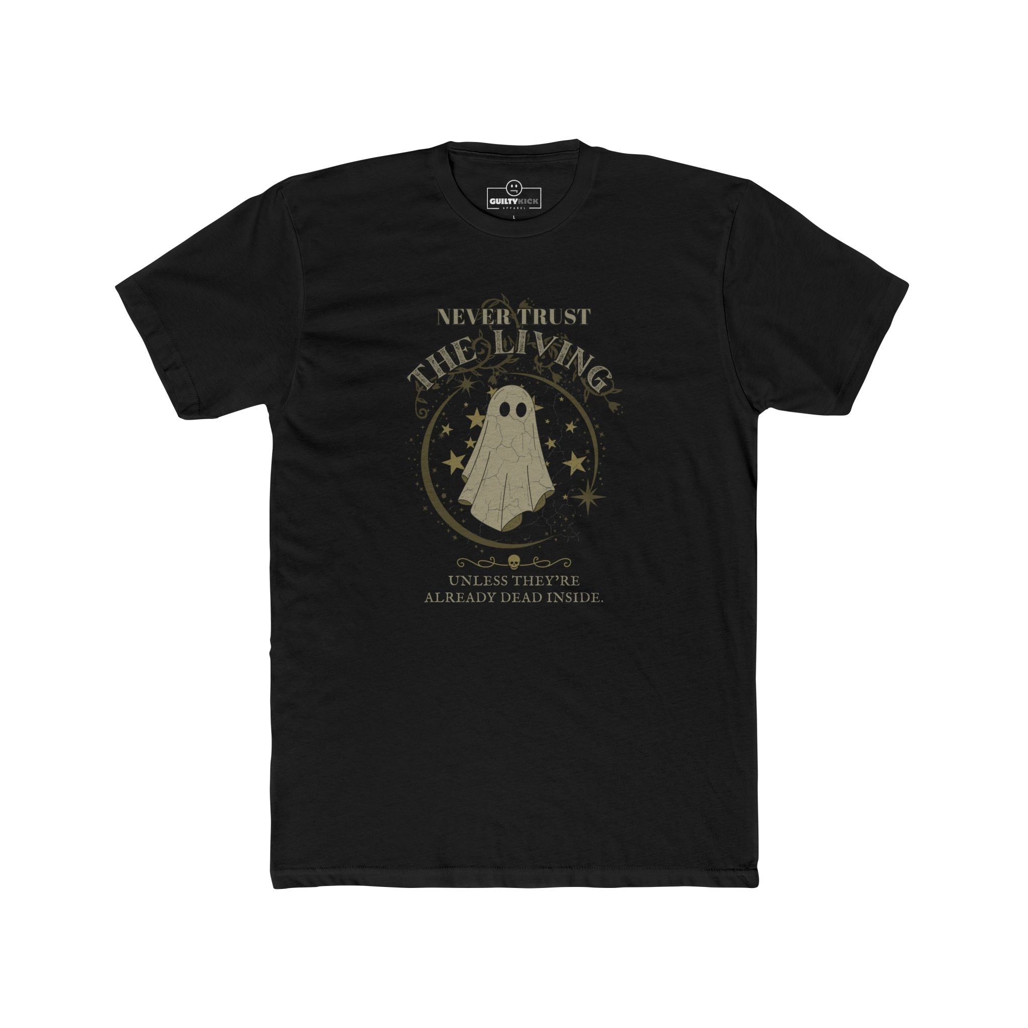 Never Trust The Living Ghost Graphic T-Shirt | Dead Inside Funny Halloween Tee | Vintage Sarcastic Spooky Graphic Shirt - Guilty Kick Apparel