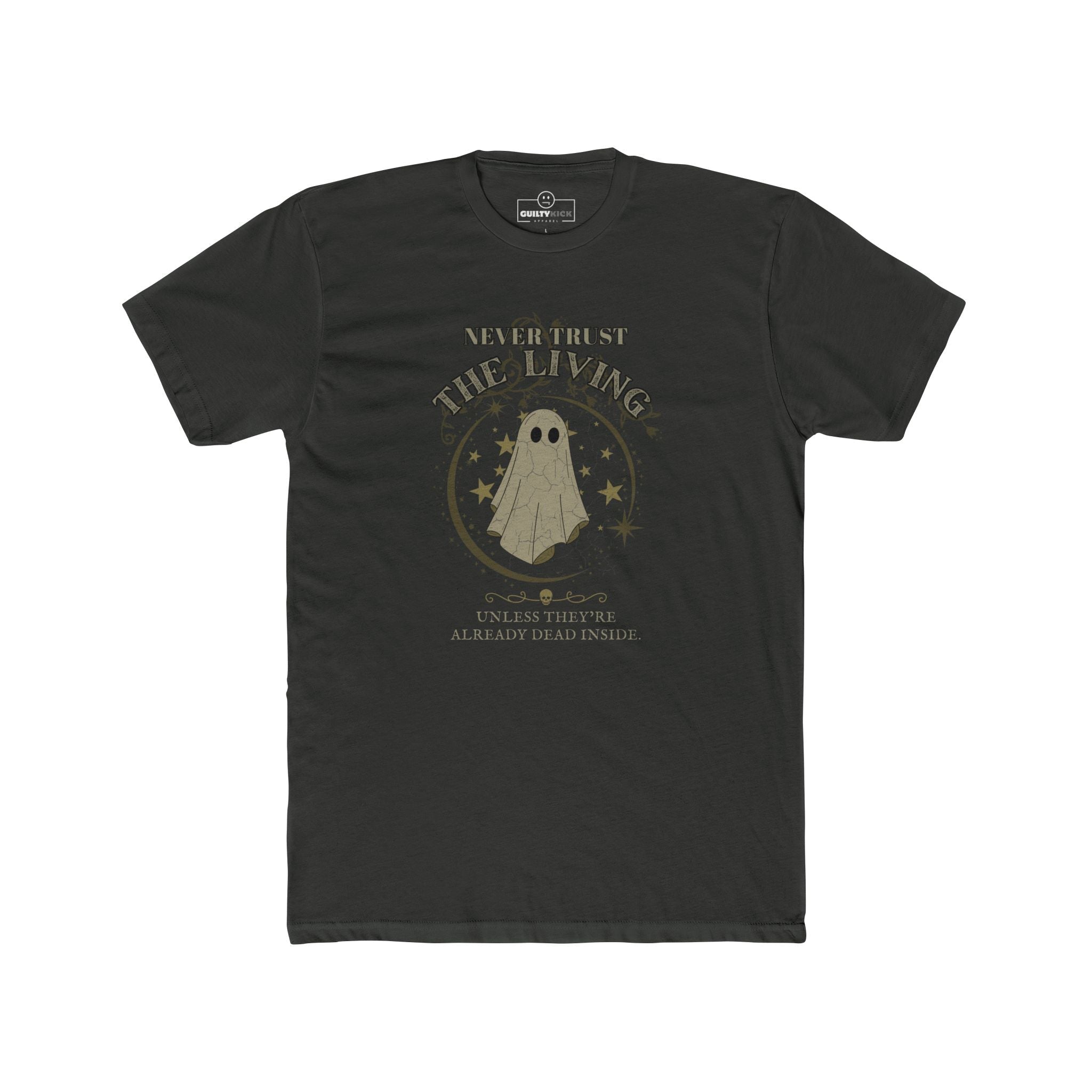 Never Trust The Living Ghost Graphic T-Shirt | Dead Inside Funny Halloween Tee | Vintage Sarcastic Spooky Graphic Shirt - Guilty Kick Apparel