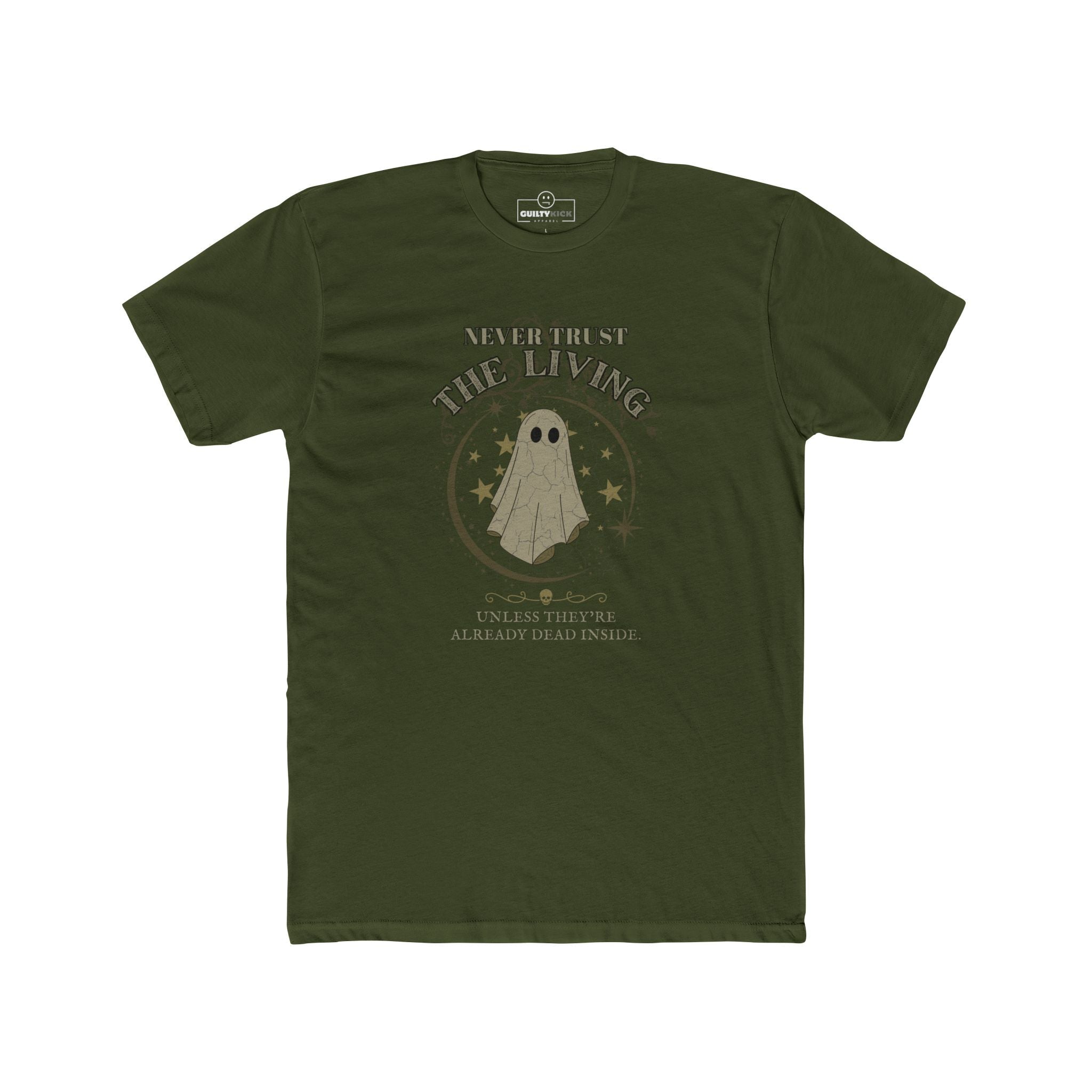 Never Trust The Living Ghost Graphic T-Shirt | Dead Inside Funny Halloween Tee | Vintage Sarcastic Spooky Graphic Shirt - Guilty Kick Apparel
