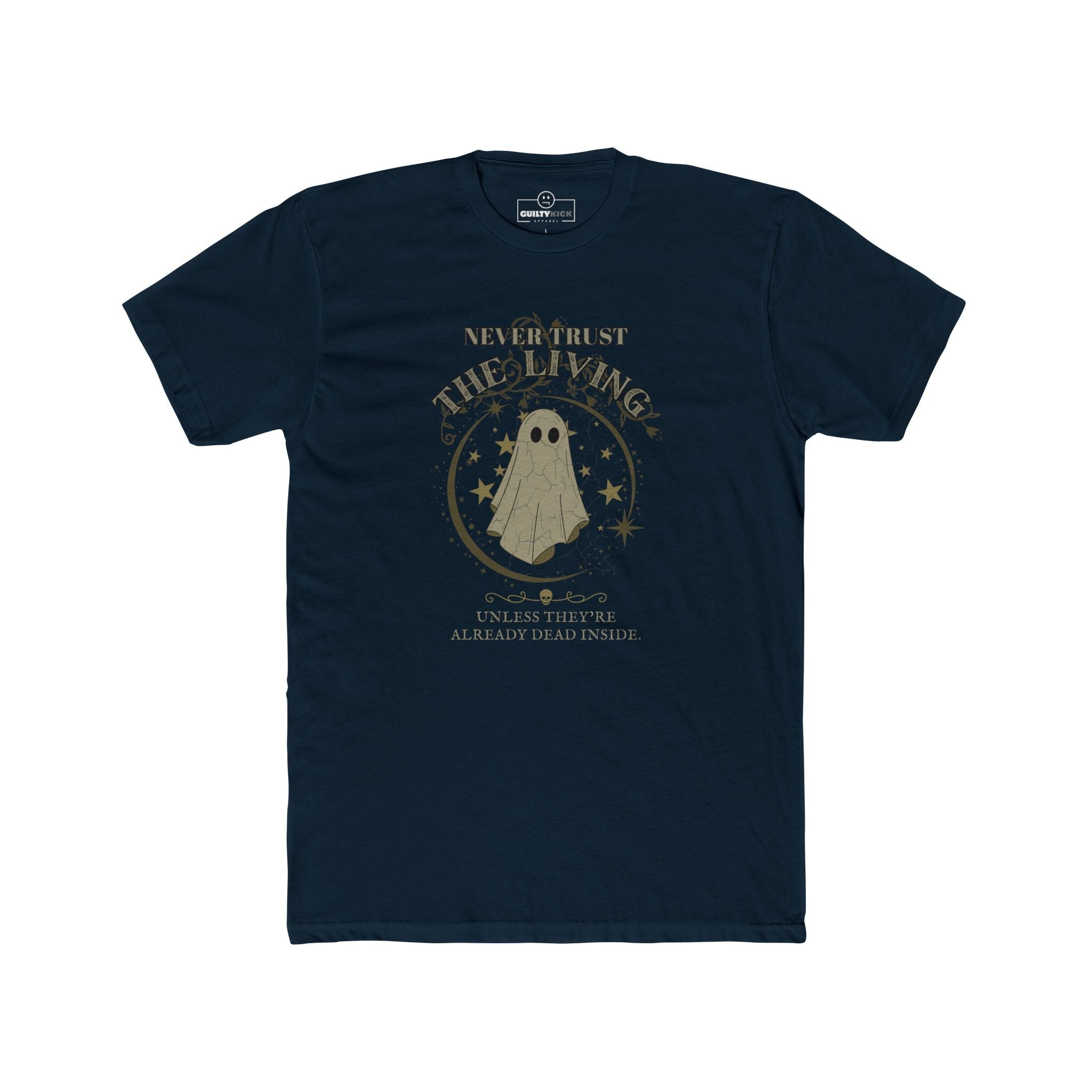 Never Trust The Living Ghost Graphic T-Shirt | Dead Inside Funny Halloween Tee | Vintage Sarcastic Spooky Graphic Shirt - Guilty Kick Apparel