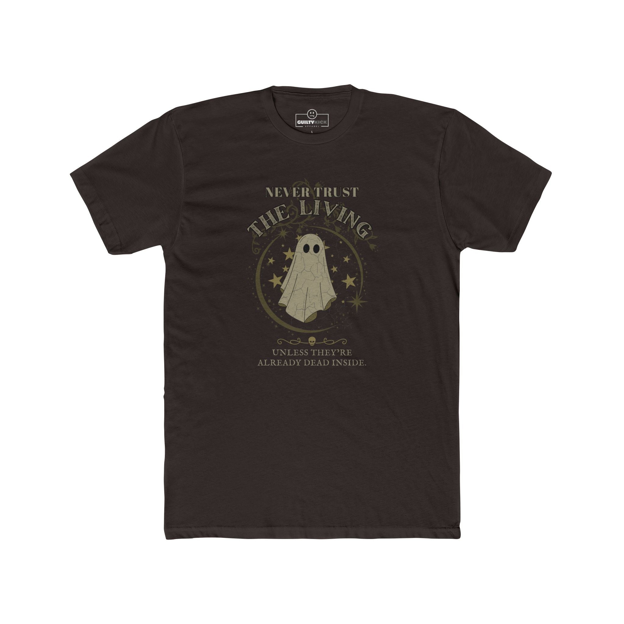 Never Trust The Living Ghost Graphic T-Shirt | Dead Inside Funny Halloween Tee | Vintage Sarcastic Spooky Graphic Shirt - Guilty Kick Apparel