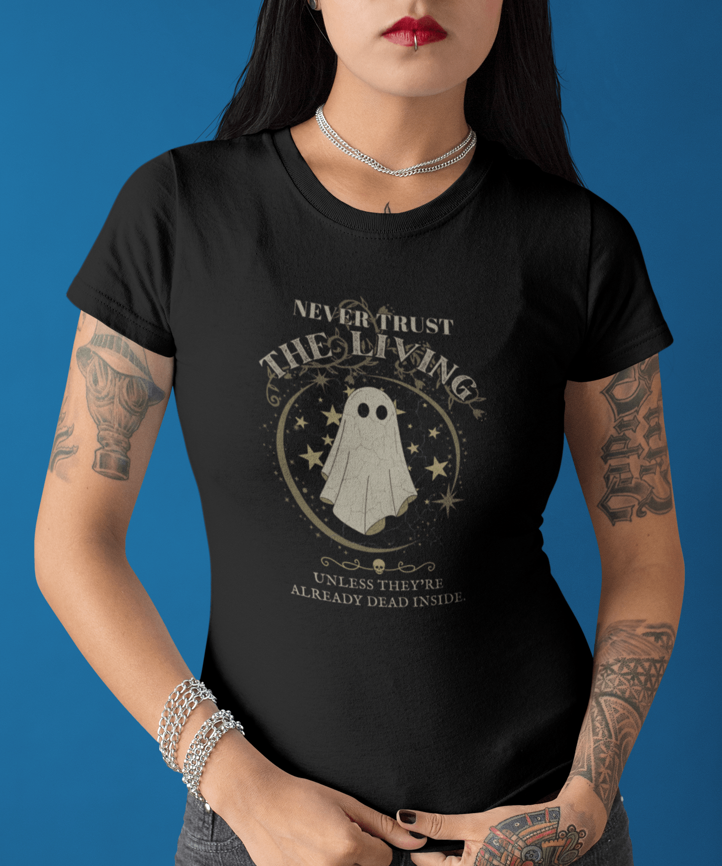Never Trust The Living Ghost Graphic T-Shirt | Dead Inside Funny Halloween Tee | Vintage Sarcastic Spooky Graphic Shirt - Guilty Kick Apparel
