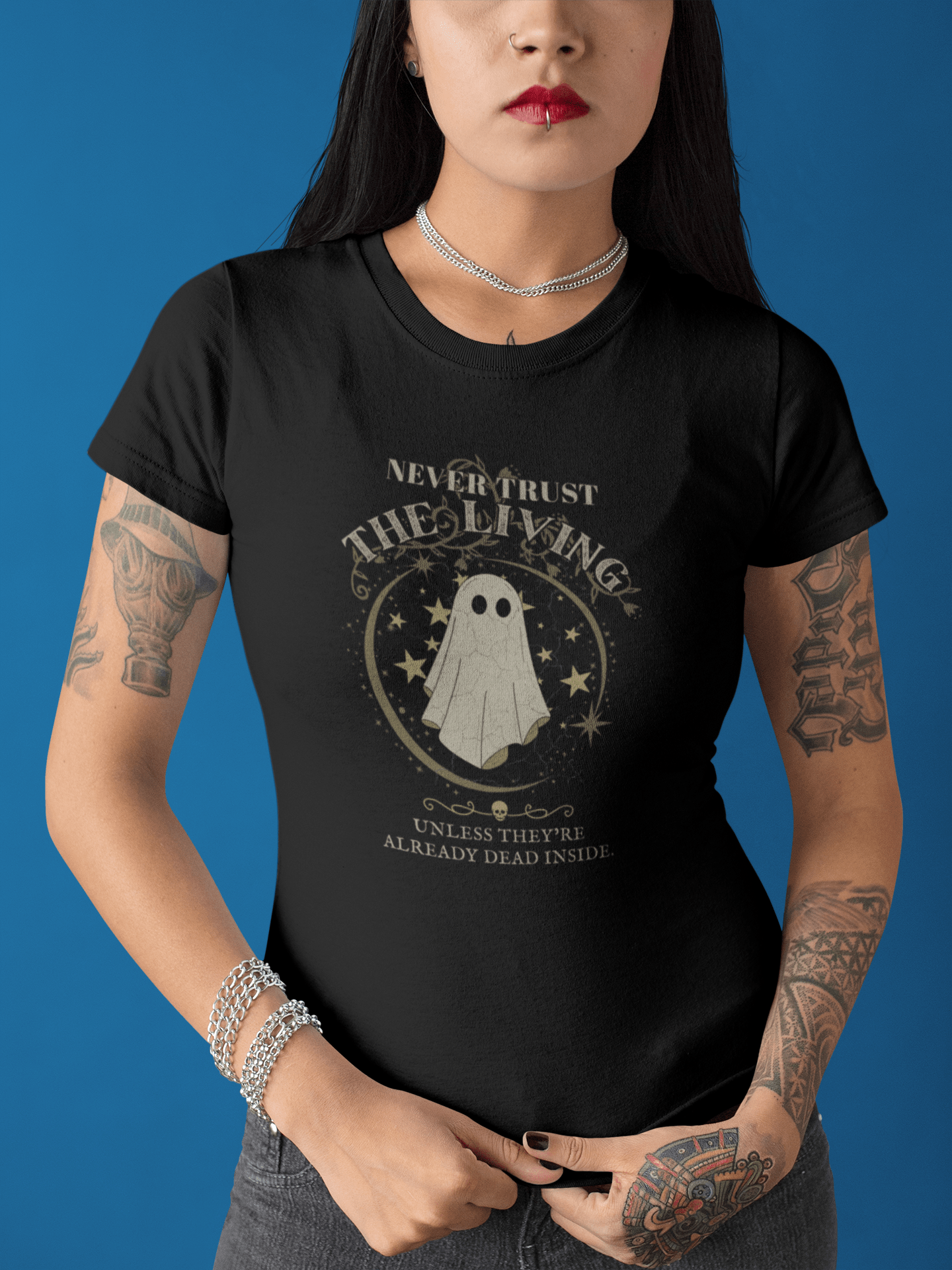 Never Trust The Living Ghost Graphic T-Shirt | Dead Inside Funny Halloween Tee | Vintage Sarcastic Spooky Graphic Shirt - Guilty Kick Apparel