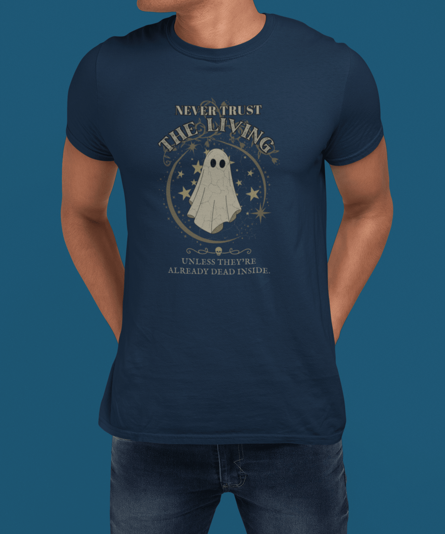 Never Trust The Living Ghost Graphic T-Shirt | Dead Inside Funny Halloween Tee | Vintage Sarcastic Spooky Graphic Shirt - Guilty Kick Apparel