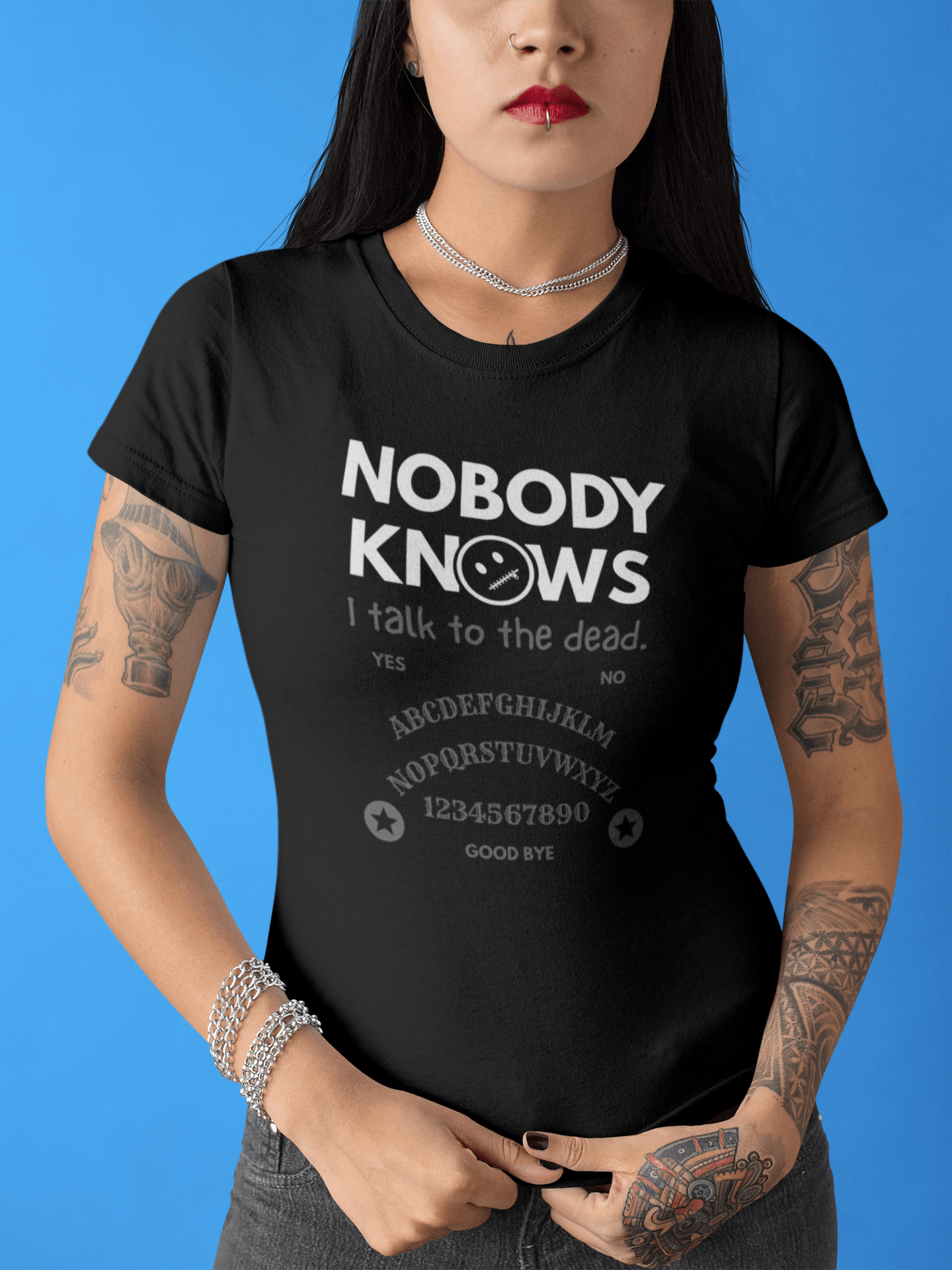 Nobody Knows I Talk To The Dead Ouija Board Satire T-Shirt - Guilty Kick Apparel