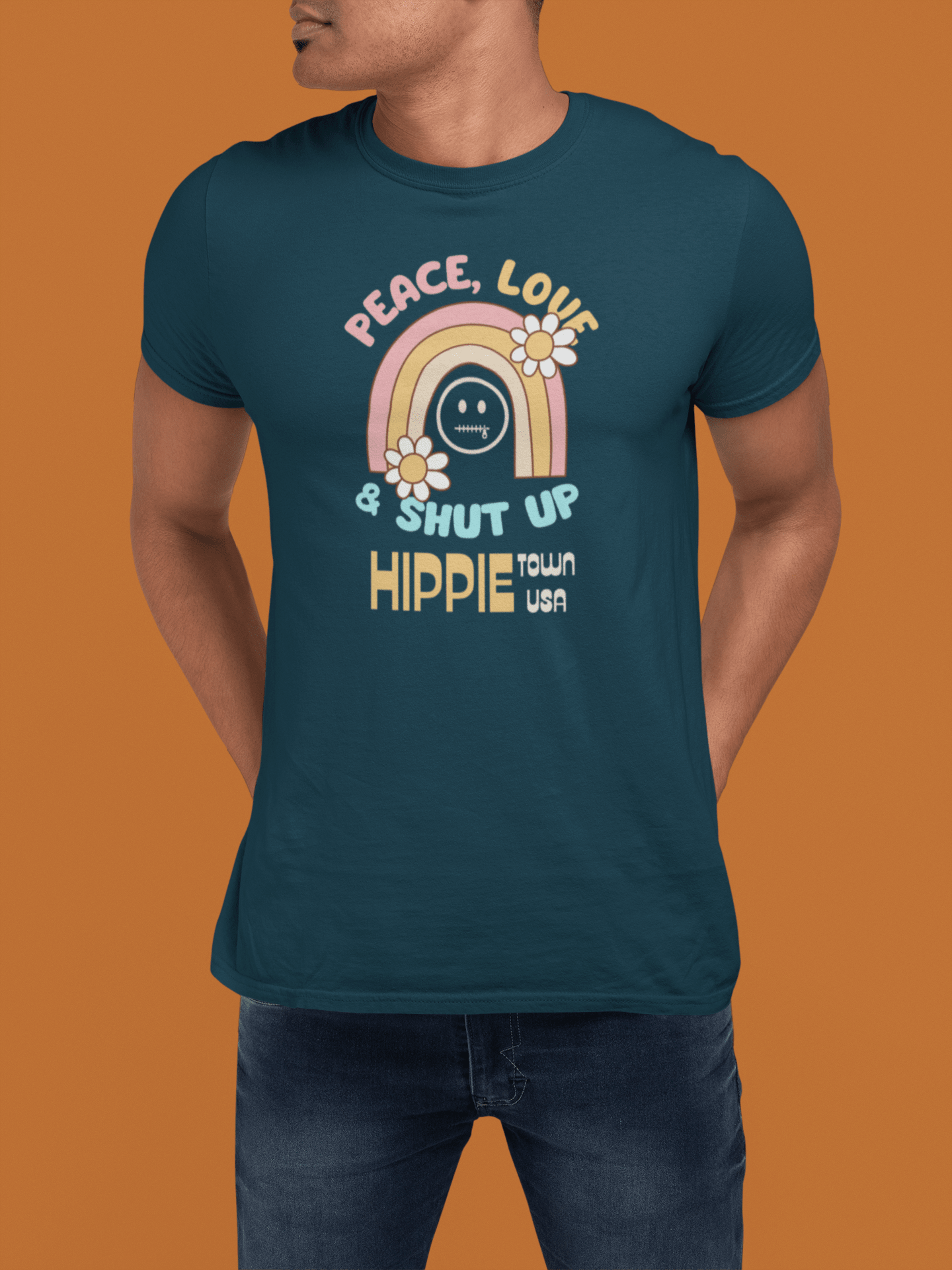 Peace Love and Shut Up Retro T-Shirt Hippie Town USA Satirical Tee - Guilty Kick Apparel