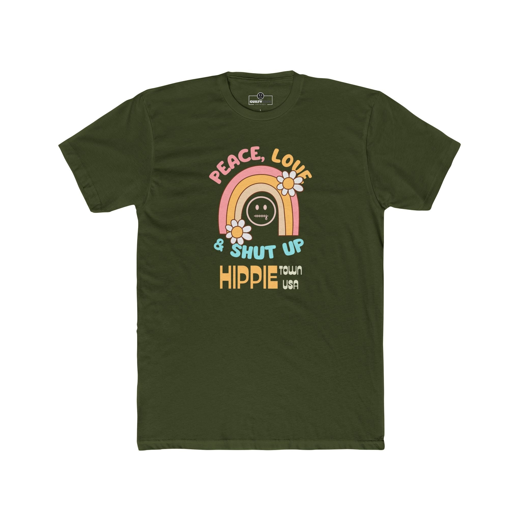 Peace Love and Shut Up Retro T-Shirt Hippie Town USA Satirical Tee - Guilty Kick Apparel