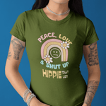 Peace Love and Shut Up Retro T-Shirt Hippie Town USA Satirical Tee - Guilty Kick Apparel