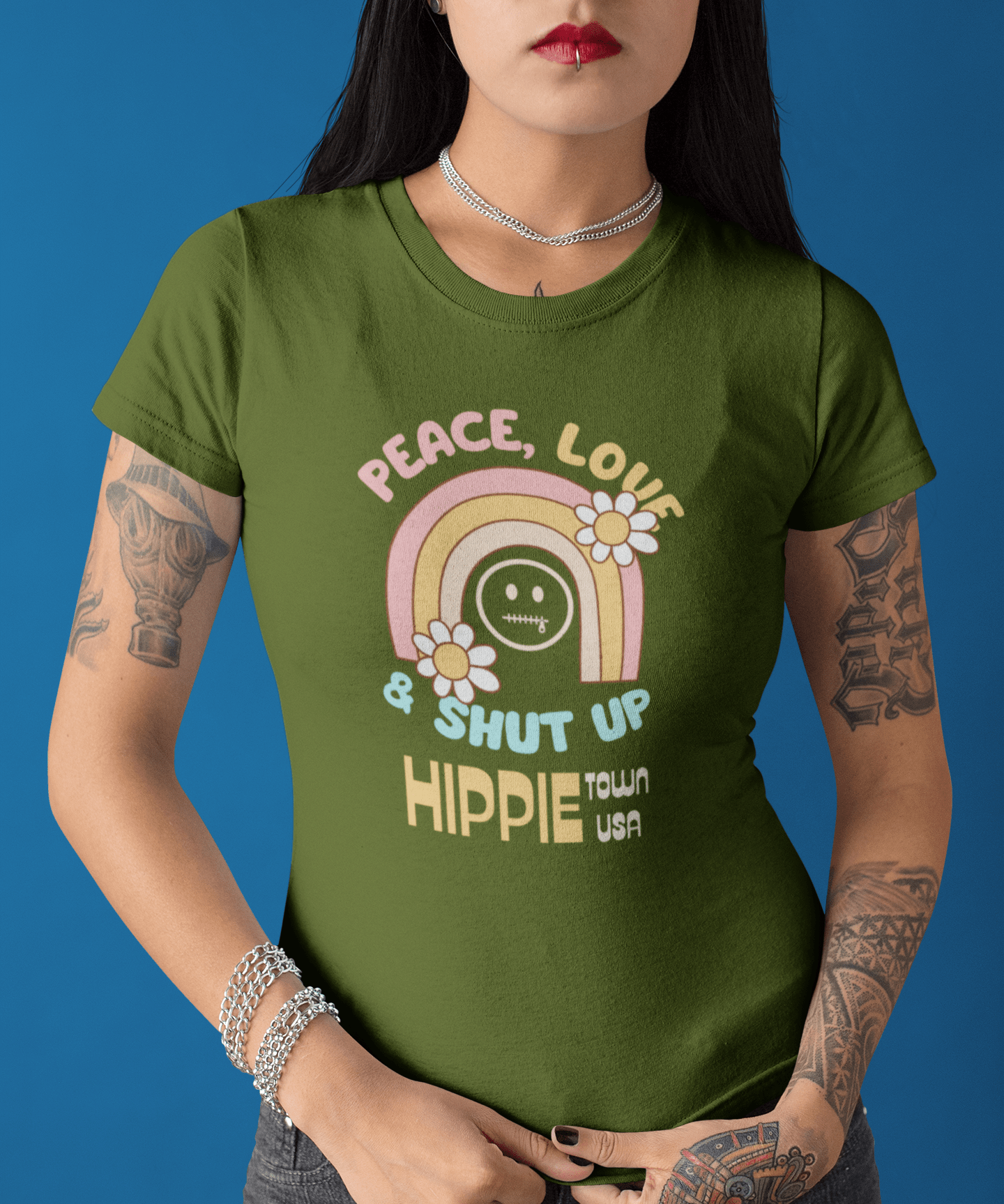 Peace Love and Shut Up Retro T-Shirt Hippie Town USA Satirical Tee - Guilty Kick Apparel
