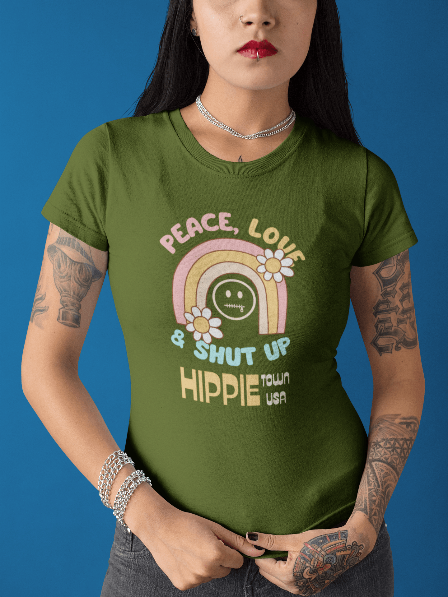 Peace Love and Shut Up Retro T-Shirt Hippie Town USA Satirical Tee - Guilty Kick Apparel