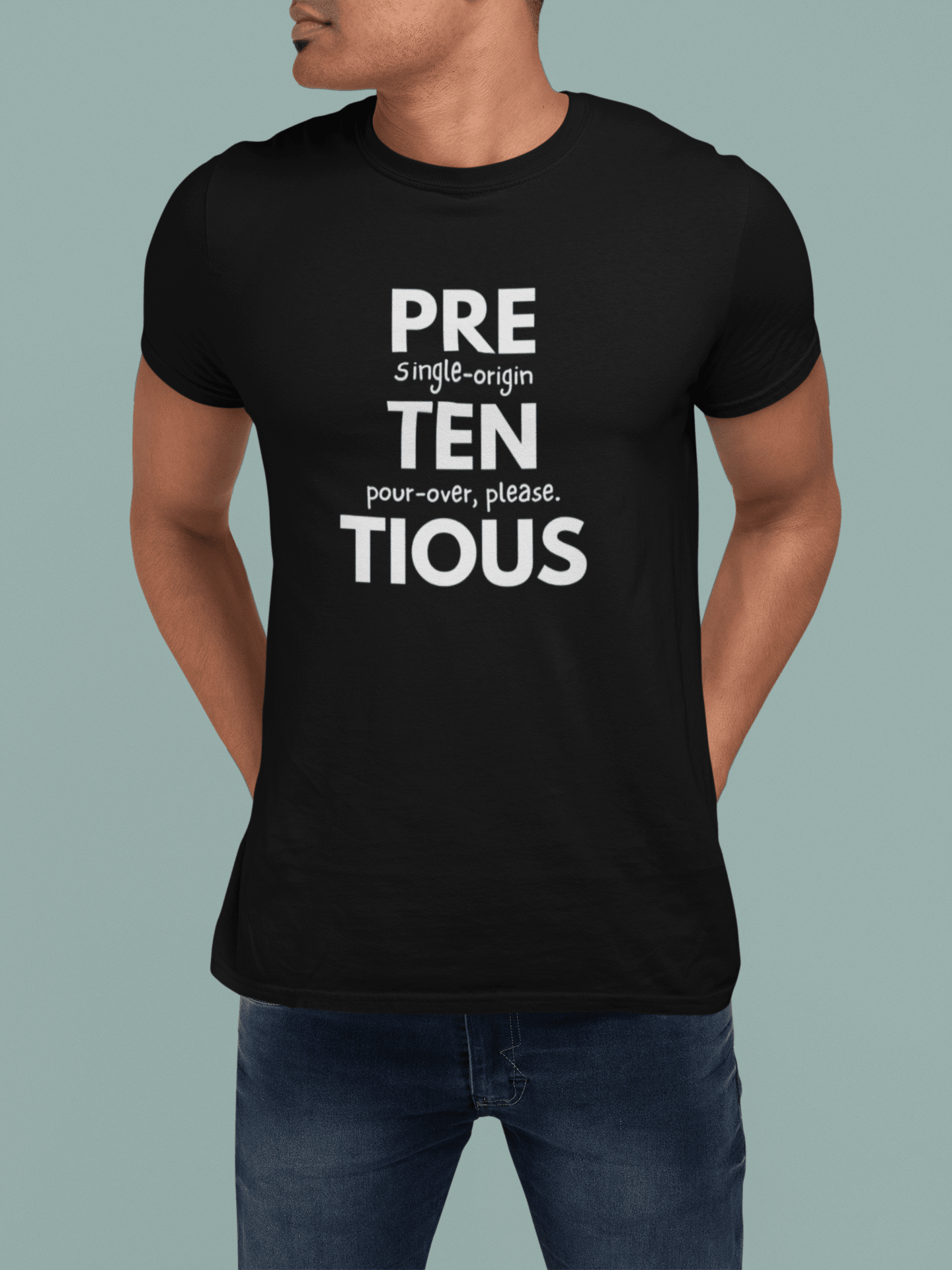 Pretentious Single - Origin Pour - Over Tee, Satirical Coffee Snob Shirt, Identity Collection Graphic T-Shirt - Guilty Kick Apparel