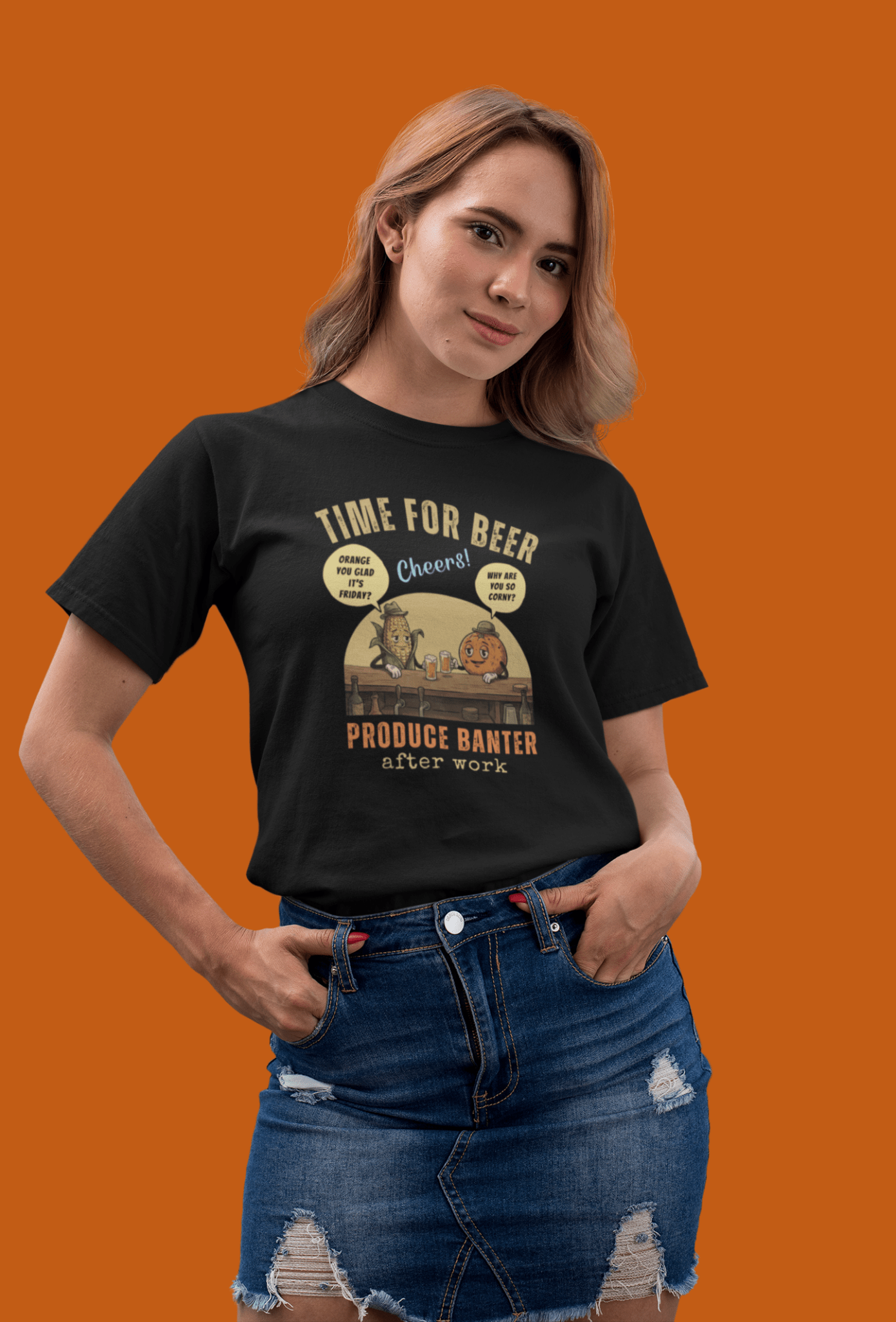 Produce Banter After Work T-Shirt | Retro Corn and Orange Beer Pun Tee - Guilty Kick Apparel
