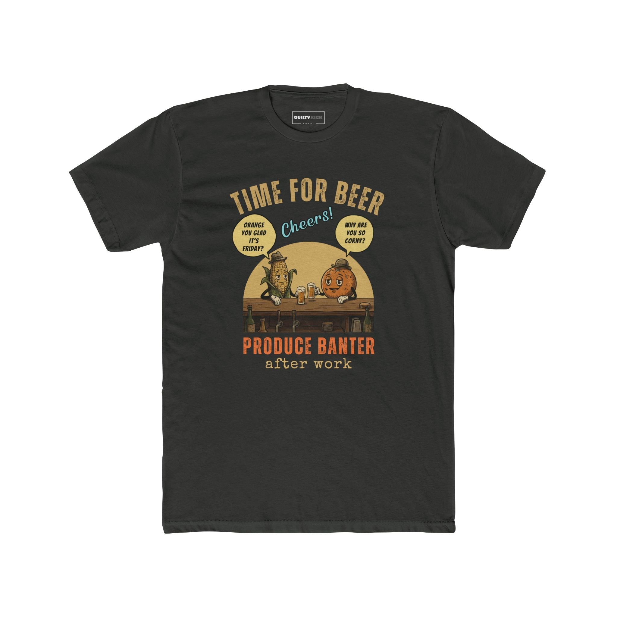 Produce Banter After Work T-Shirt | Retro Corn and Orange Beer Pun Tee - Guilty Kick Apparel