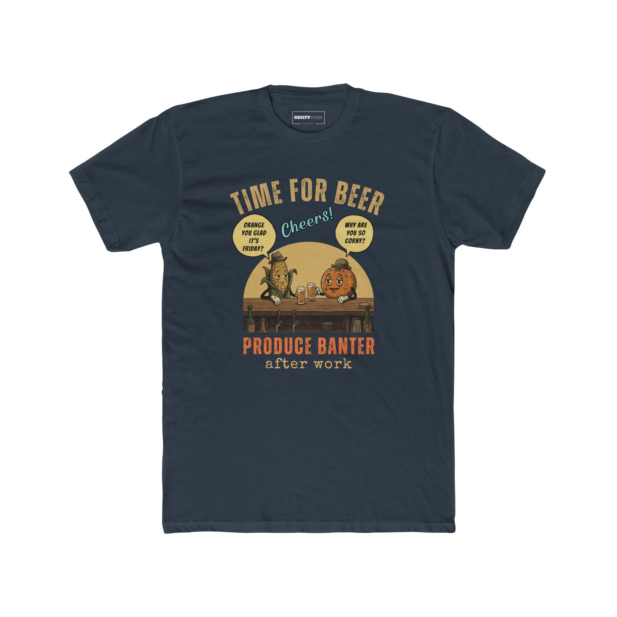 Produce Banter After Work T-Shirt | Retro Corn and Orange Beer Pun Tee - Guilty Kick Apparel