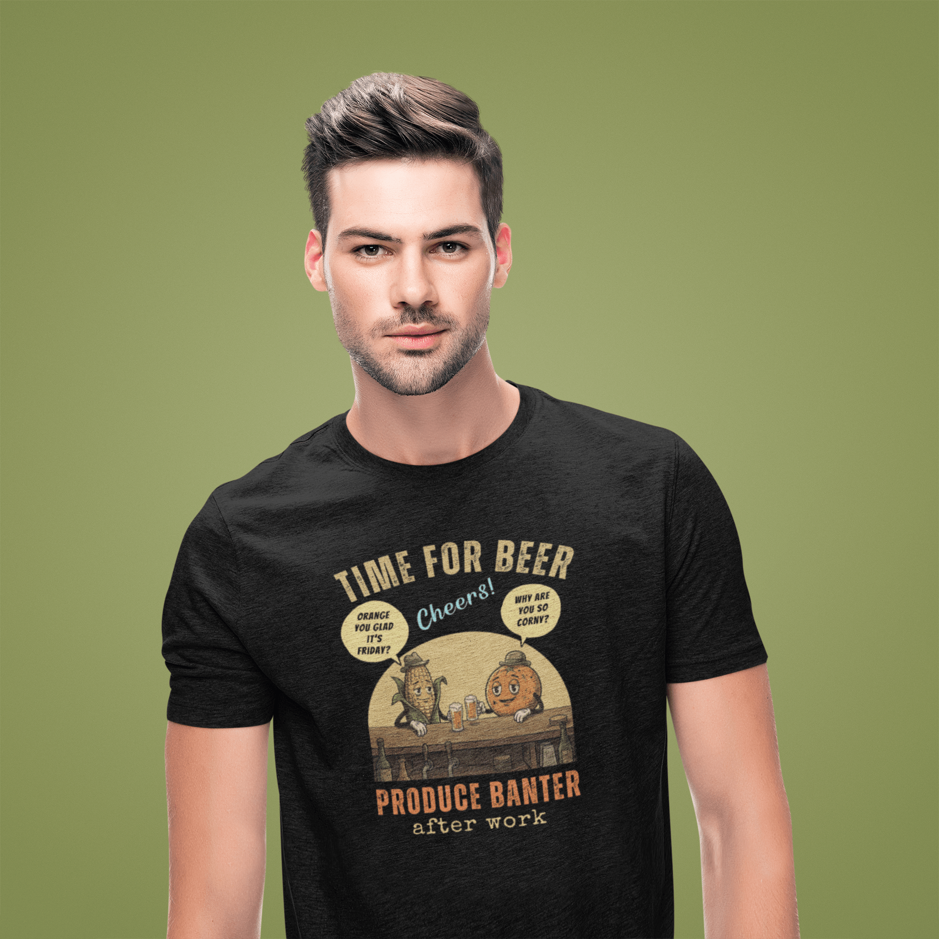 Produce Banter After Work T-Shirt | Retro Corn and Orange Beer Pun Tee - Guilty Kick Apparel