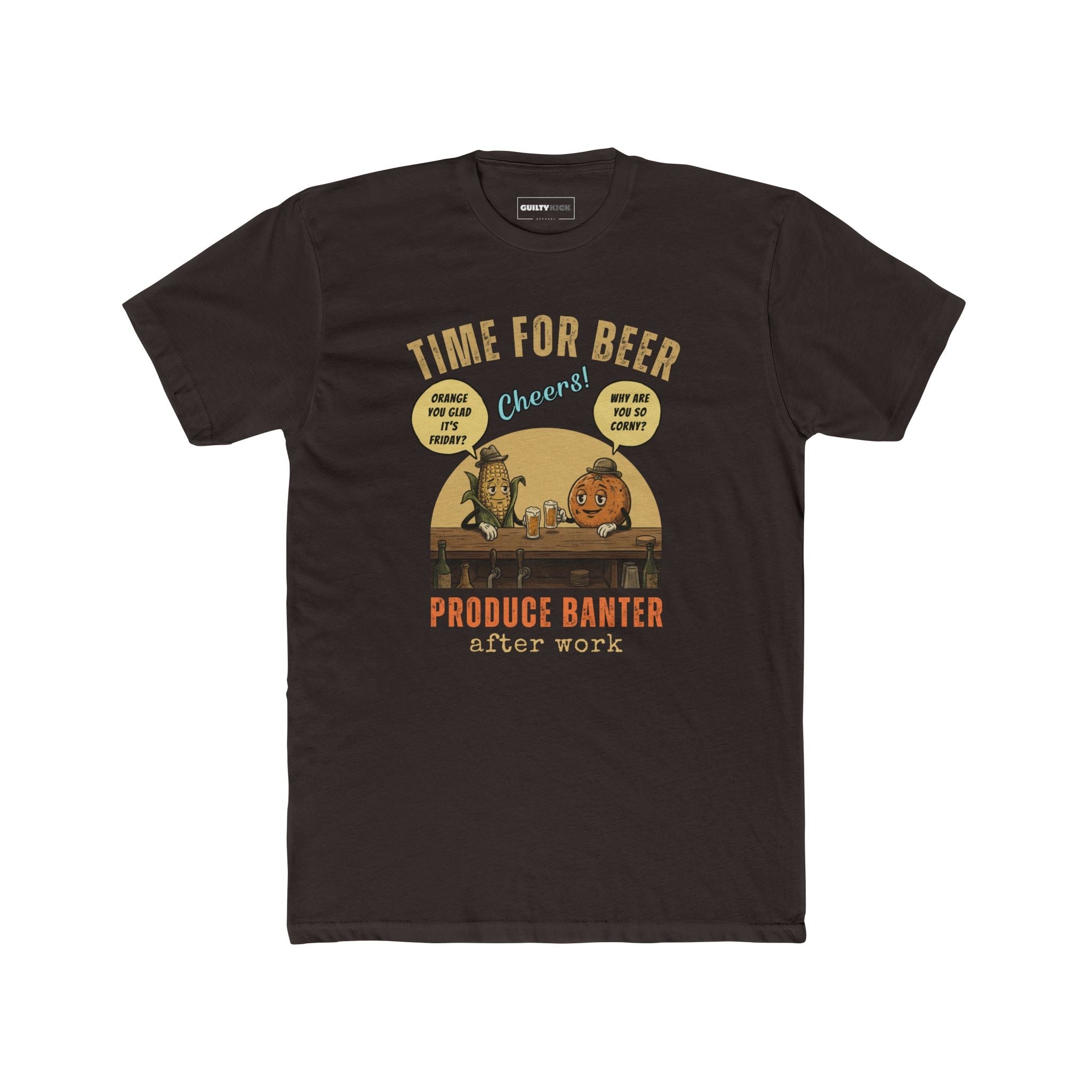 Produce Banter After Work T-Shirt | Retro Corn and Orange Beer Pun Tee - Guilty Kick Apparel